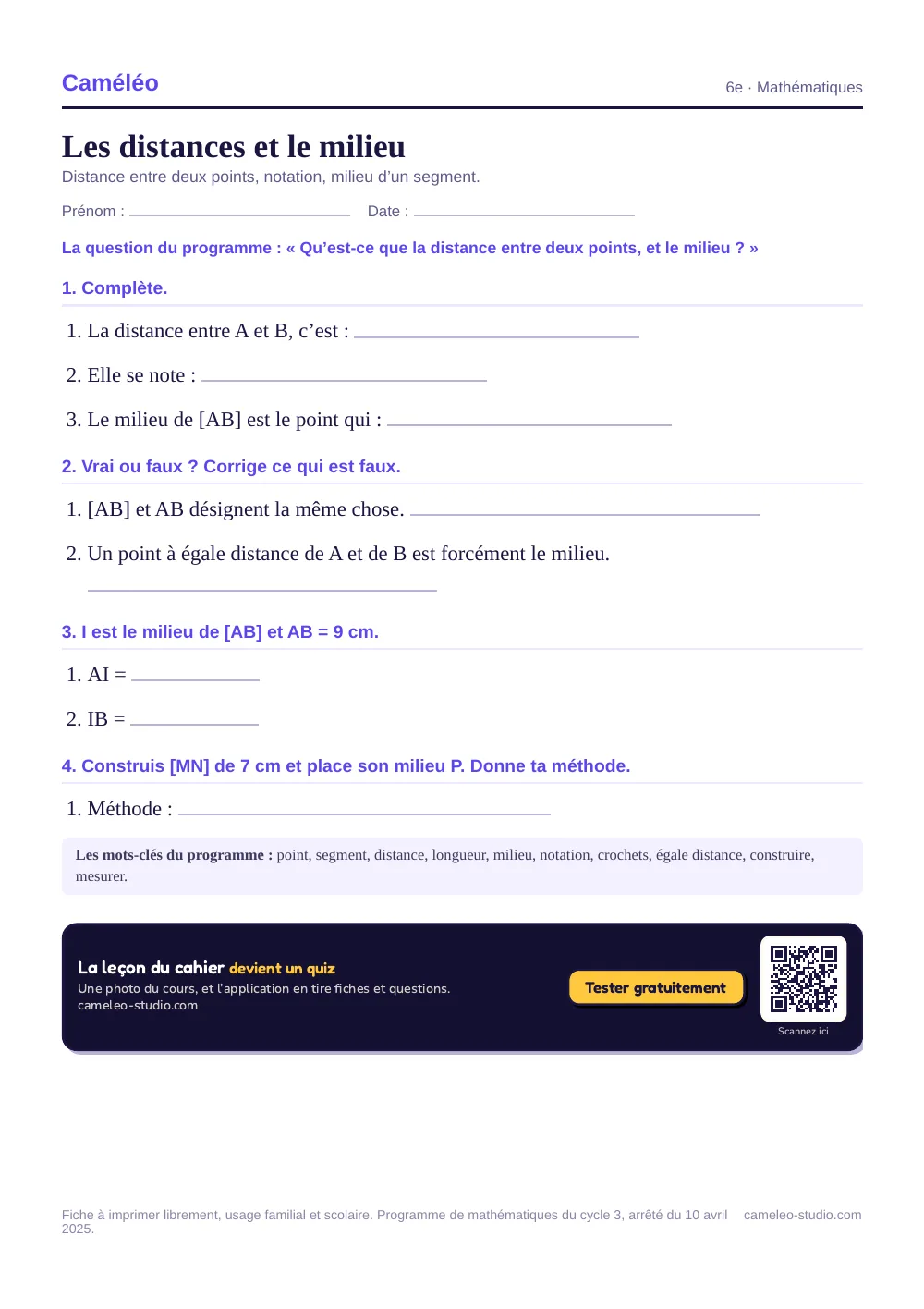 Exercices à imprimer : Les distances et le milieu, 6e