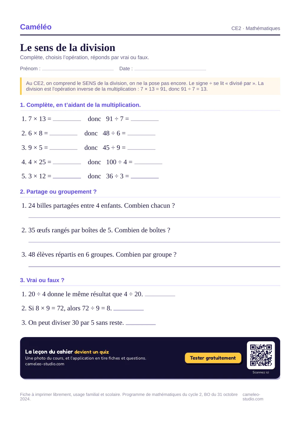 Exercices à imprimer : Le sens de la division, CE2