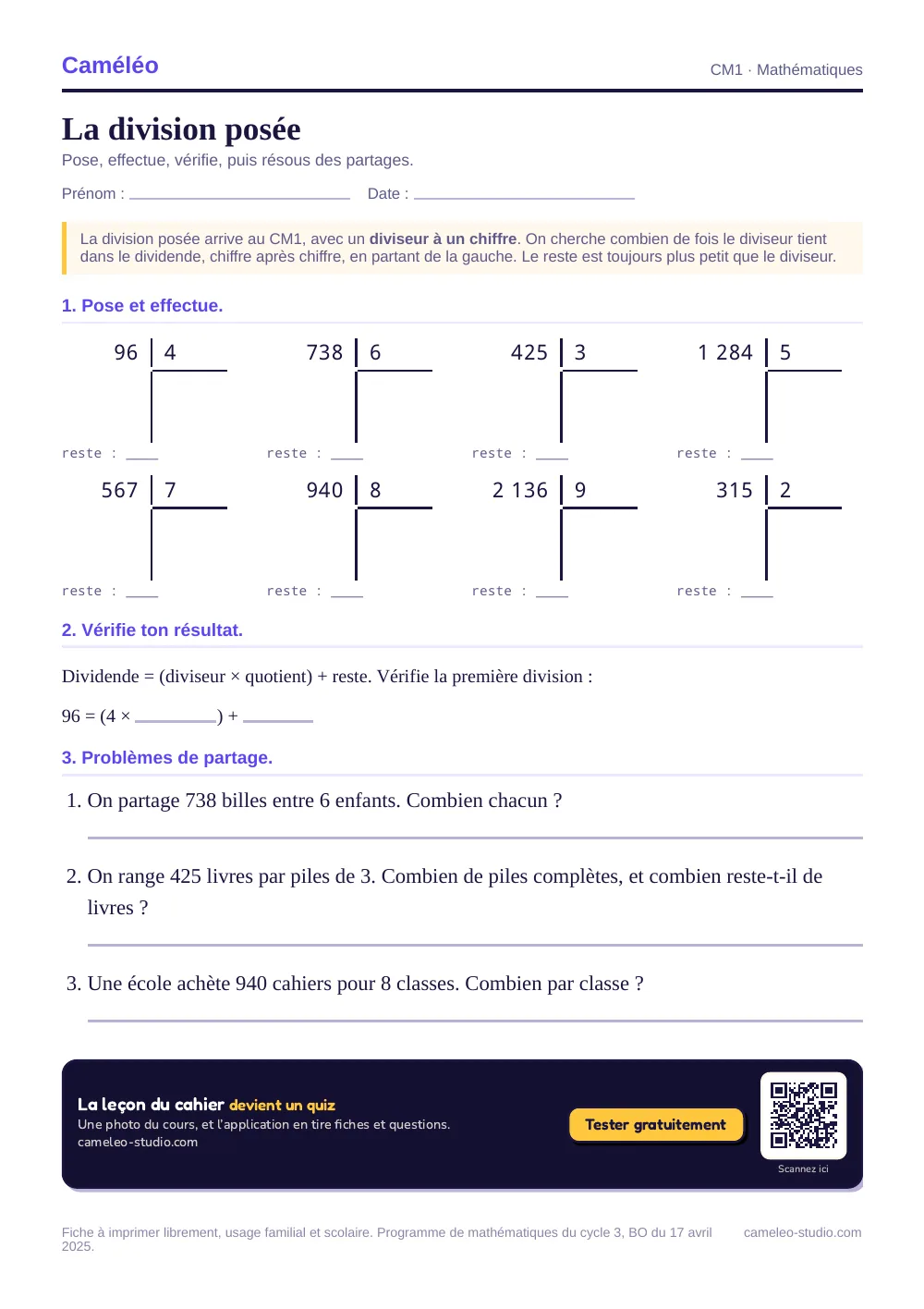Exercices à imprimer : La division posée, CM1