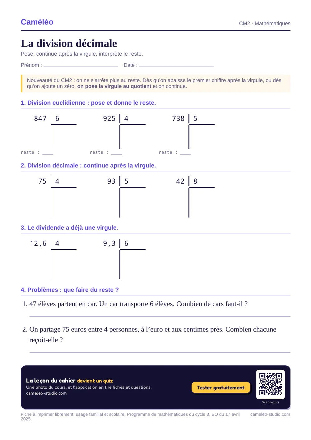 Exercices à imprimer : La division décimale, CM2
