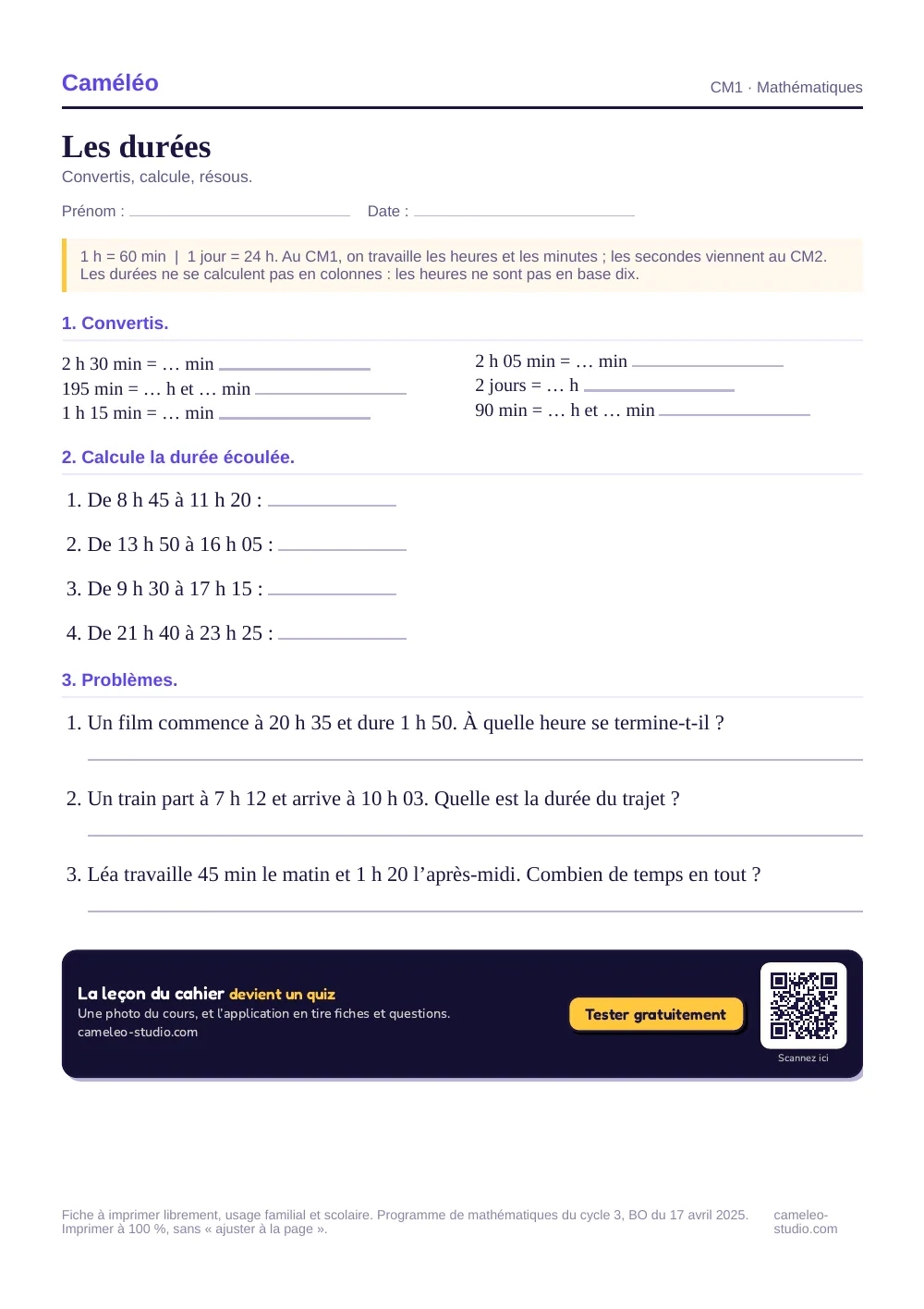 Exercices à imprimer : Les durées, CM1