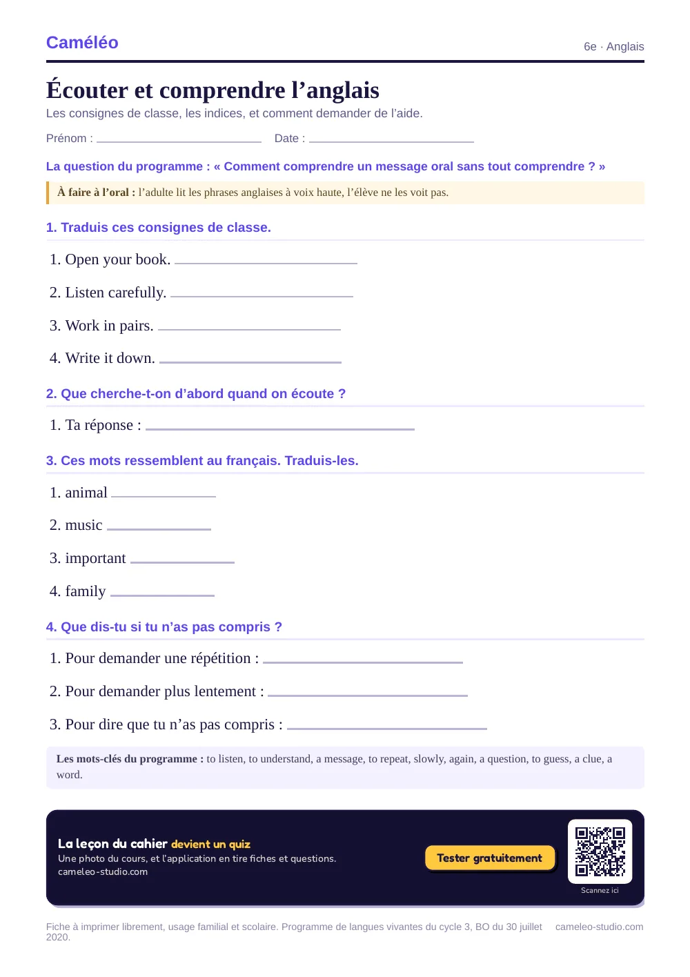 Exercices à imprimer : Écouter et comprendre l’anglais, 6e