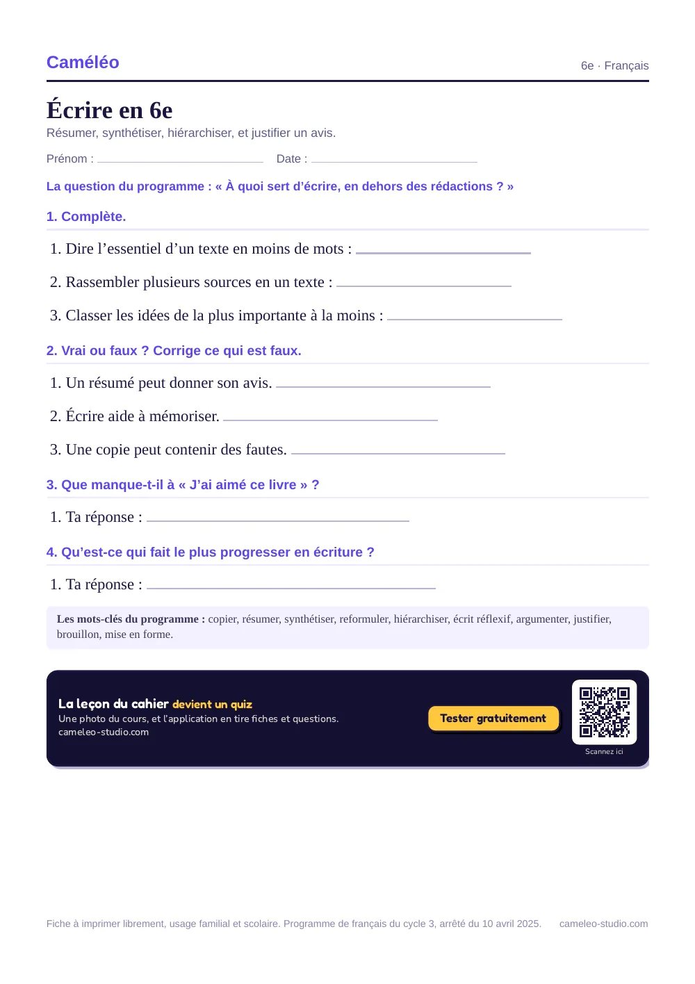Exercices à imprimer : Écrire en 6e