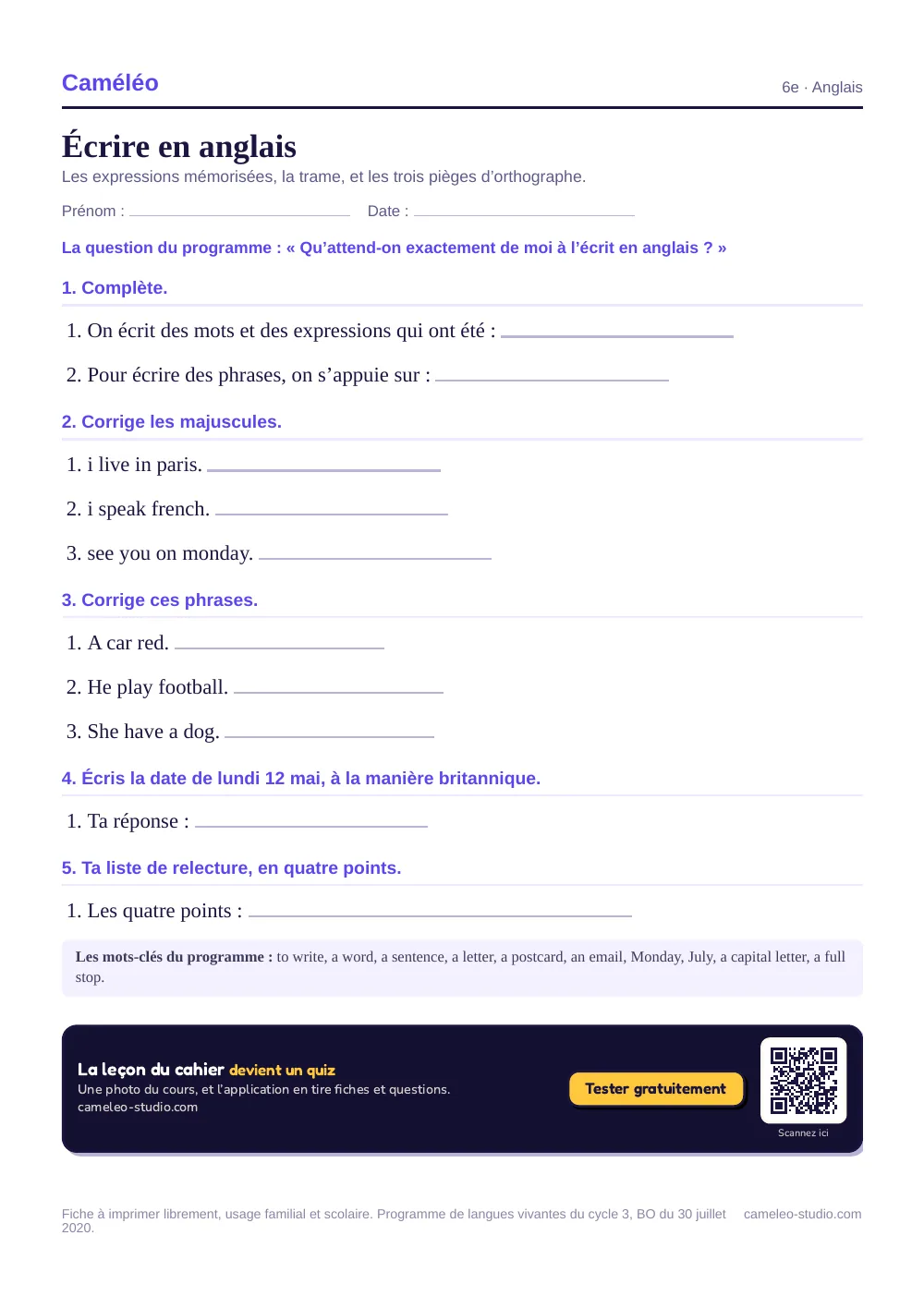 Exercices à imprimer : Écrire en anglais, 6e