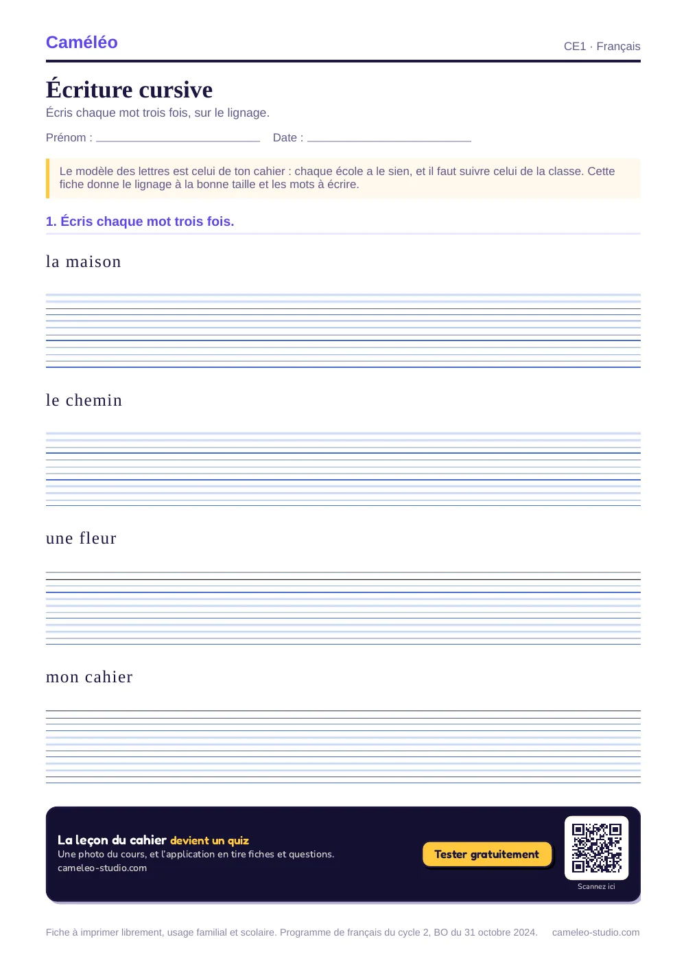 Exercices à imprimer : Écriture cursive, CE1