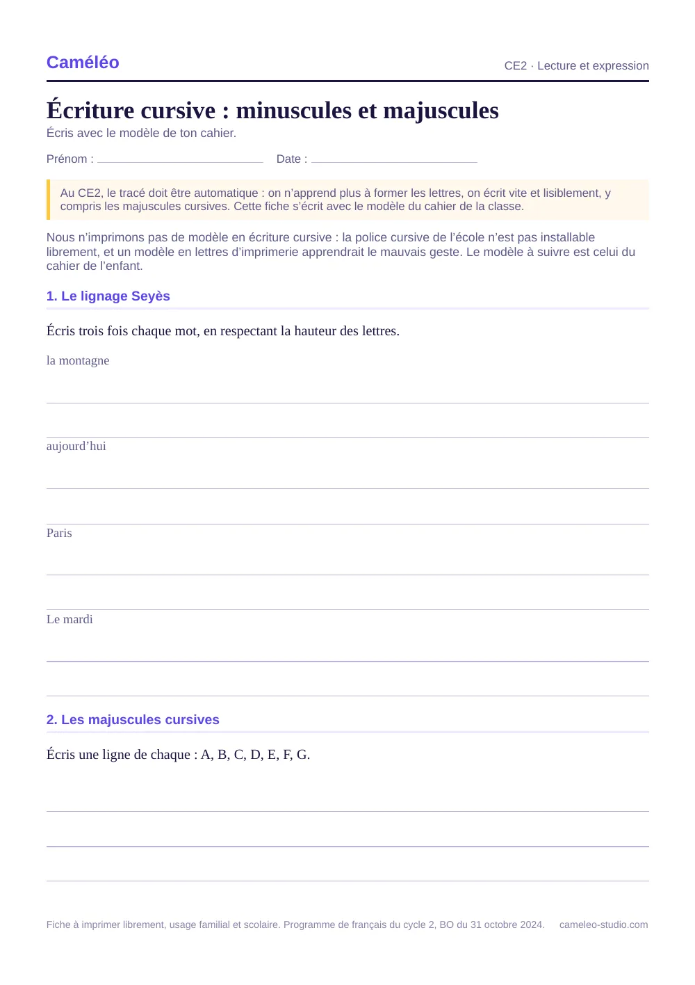 Exercices à imprimer : Écriture cursive CE2