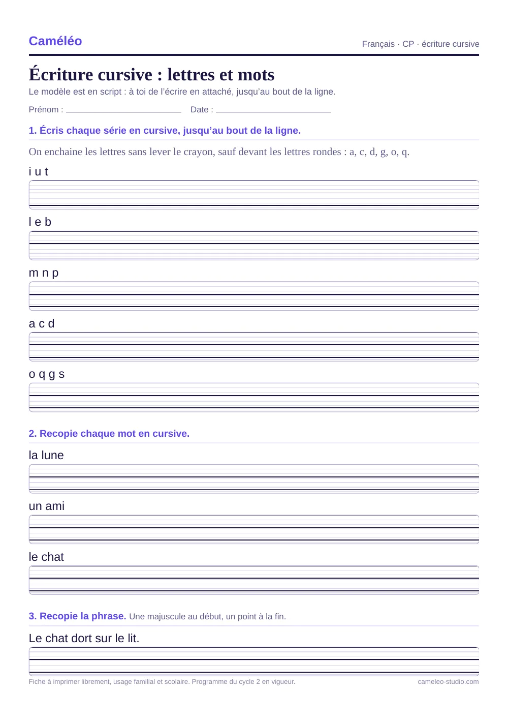 Exercices à imprimer : Écriture cursive : lettres et mots, CP