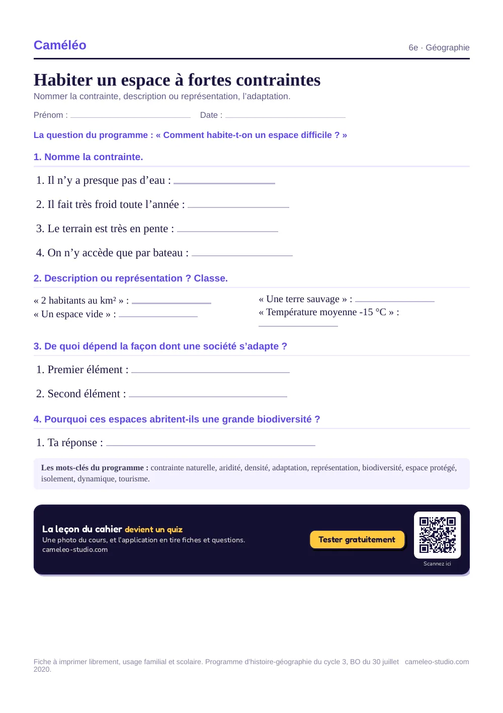Exercices à imprimer : Habiter un espace à fortes contraintes, 6e