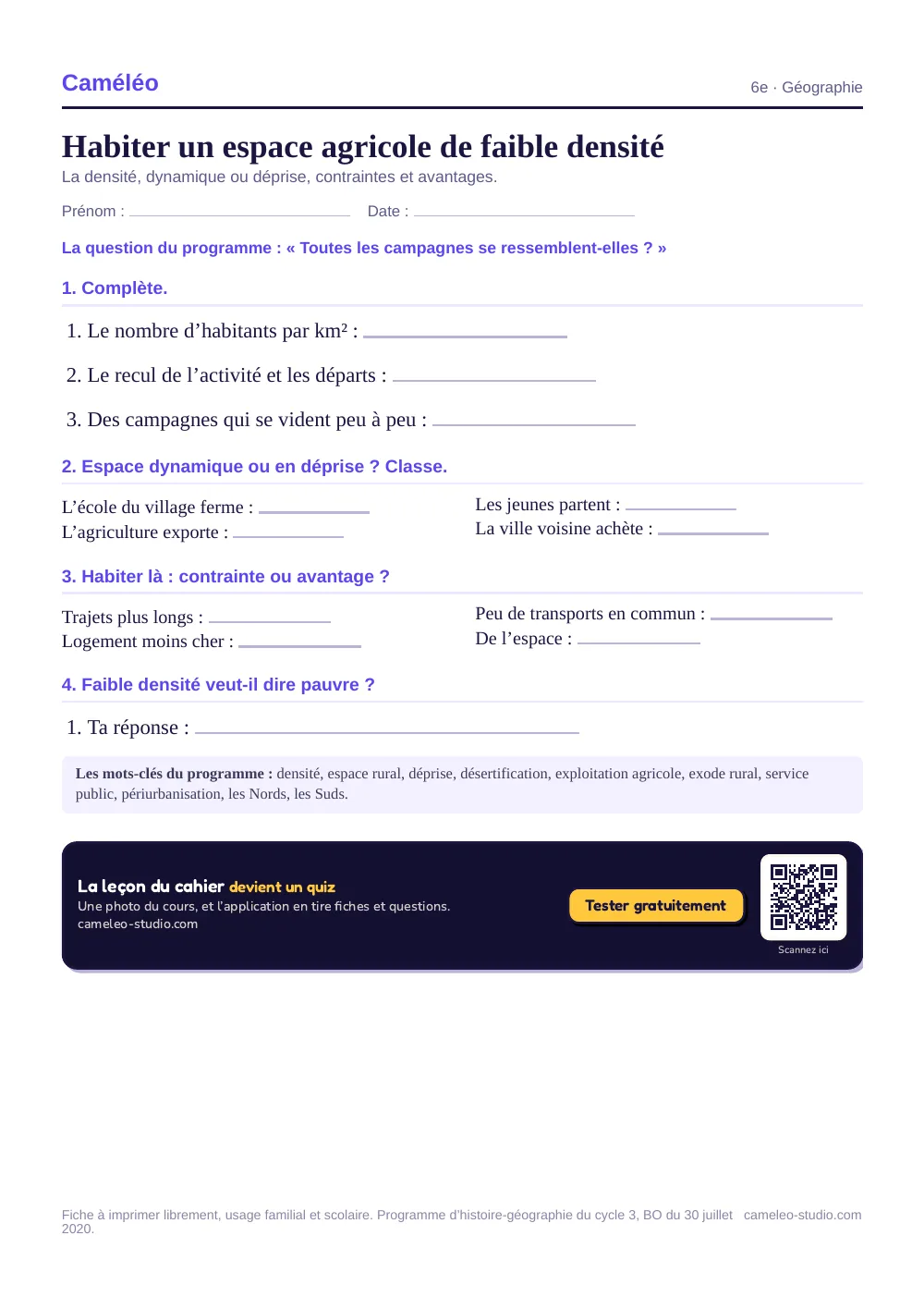 Exercices à imprimer : Habiter un espace agricole de faible densité, 6e