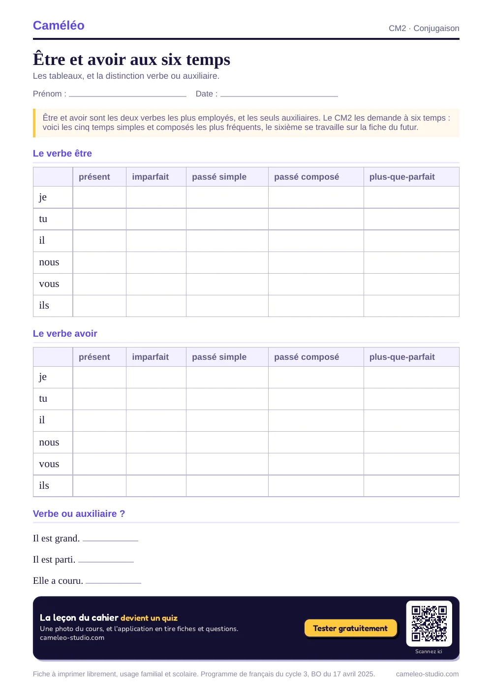Exercices à imprimer : Être et avoir aux six temps, CM2