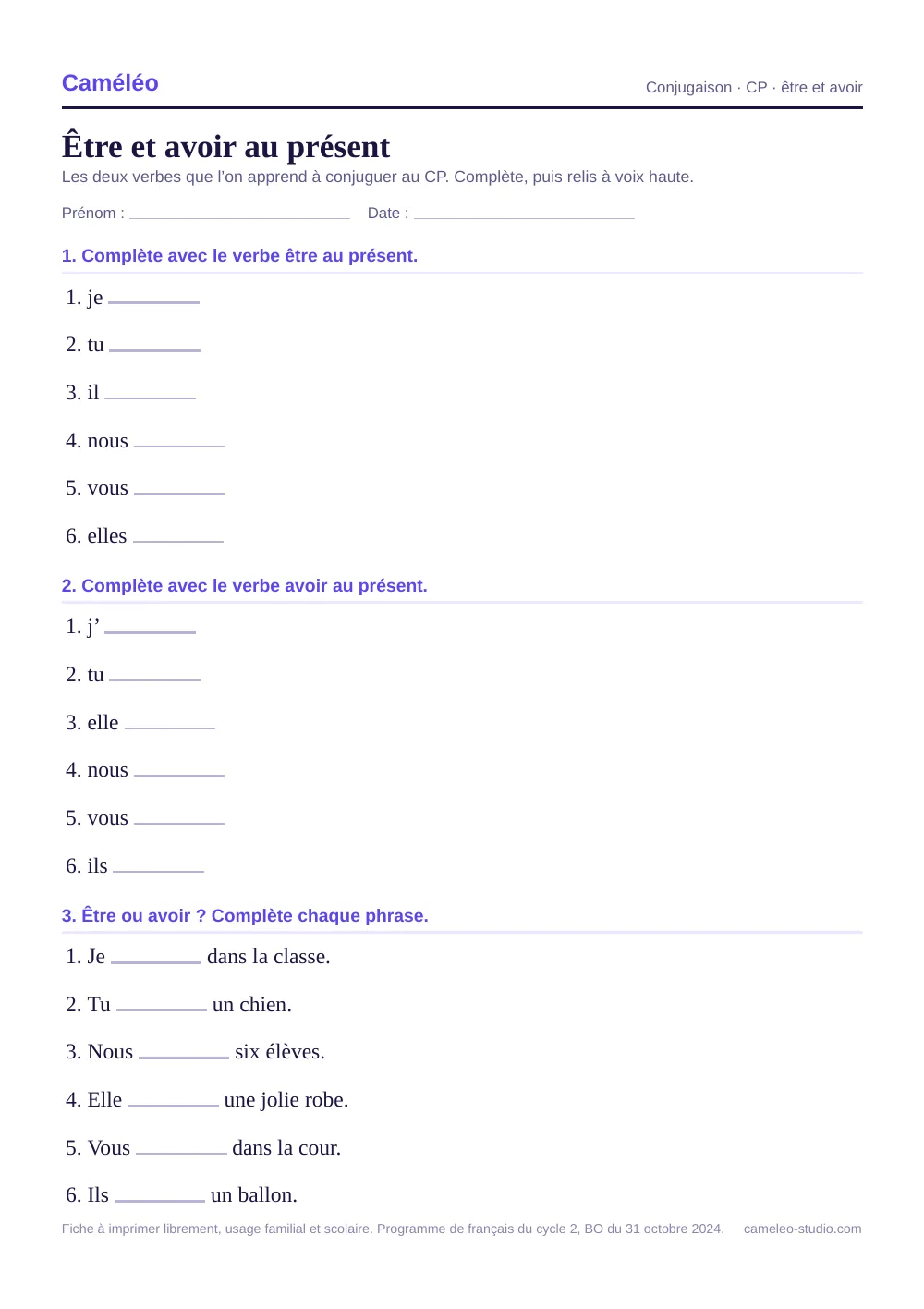 Exercices à imprimer : Être et avoir au présent, CP