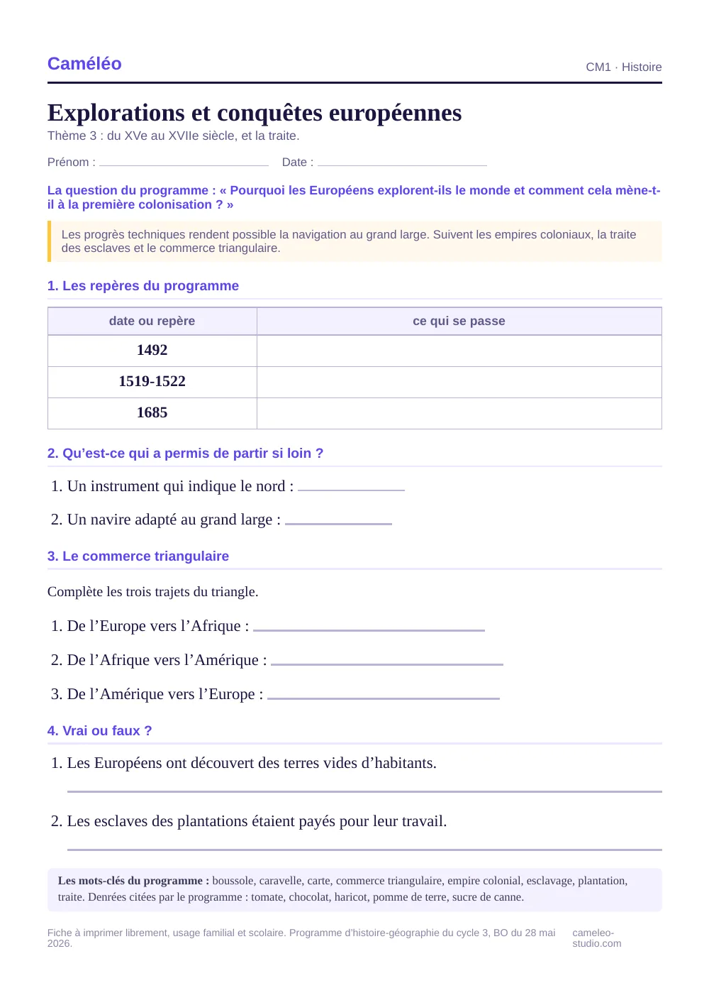 Exercices à imprimer : Explorations et conquêtes européennes, CM1