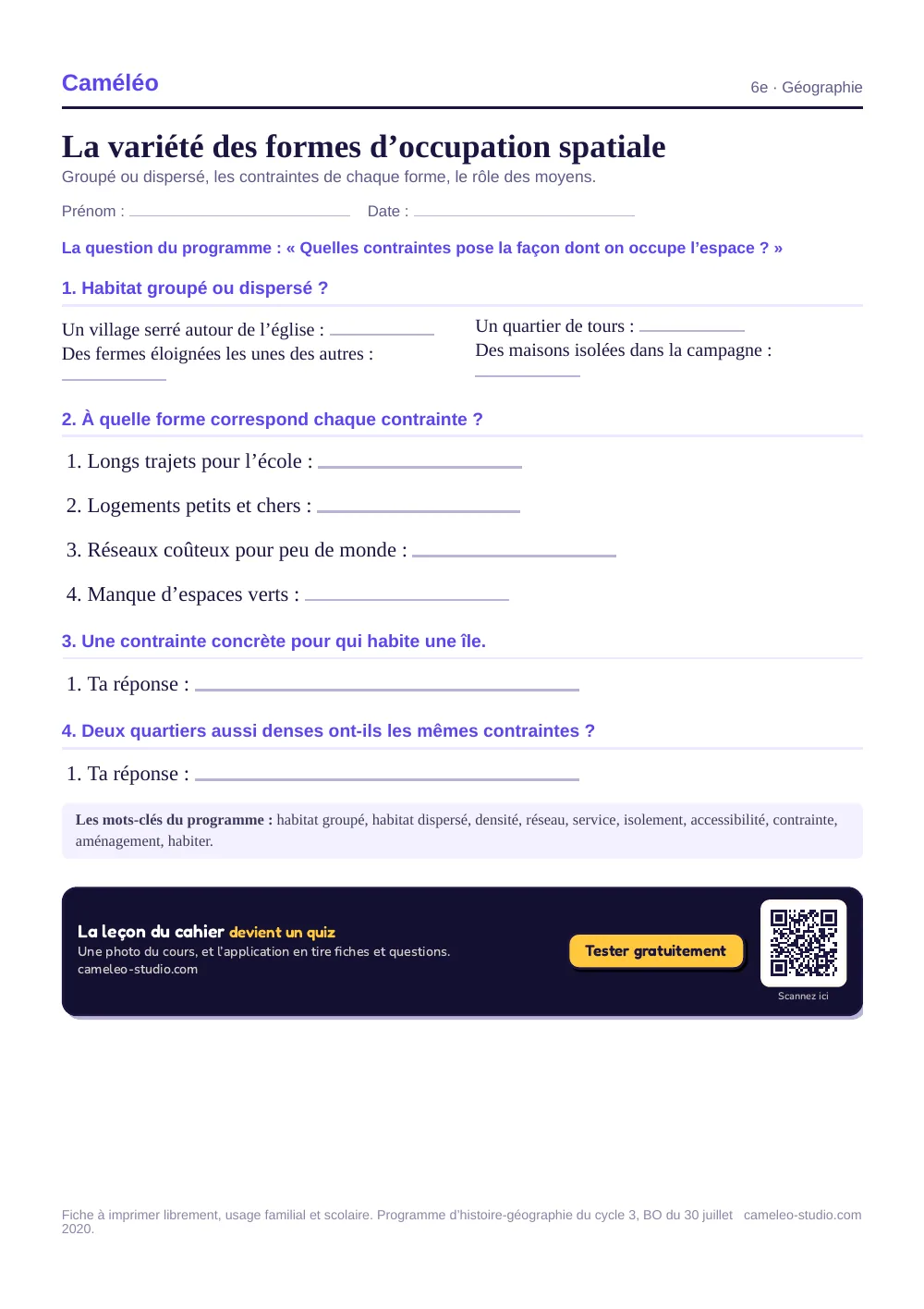 Exercices à imprimer : La variété des formes d’occupation spatiale, 6e