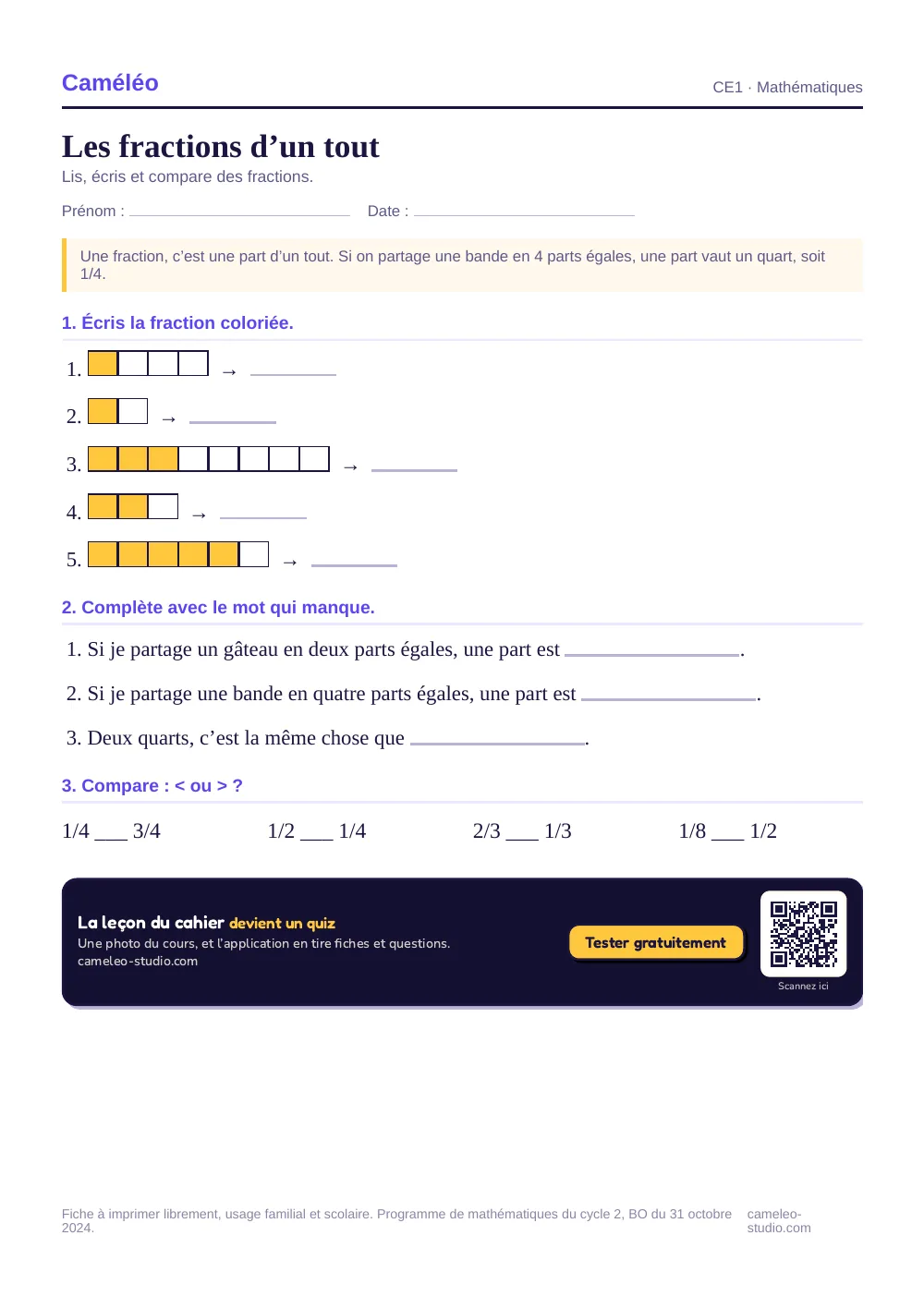 Exercices à imprimer : Les fractions d’un tout au CE1