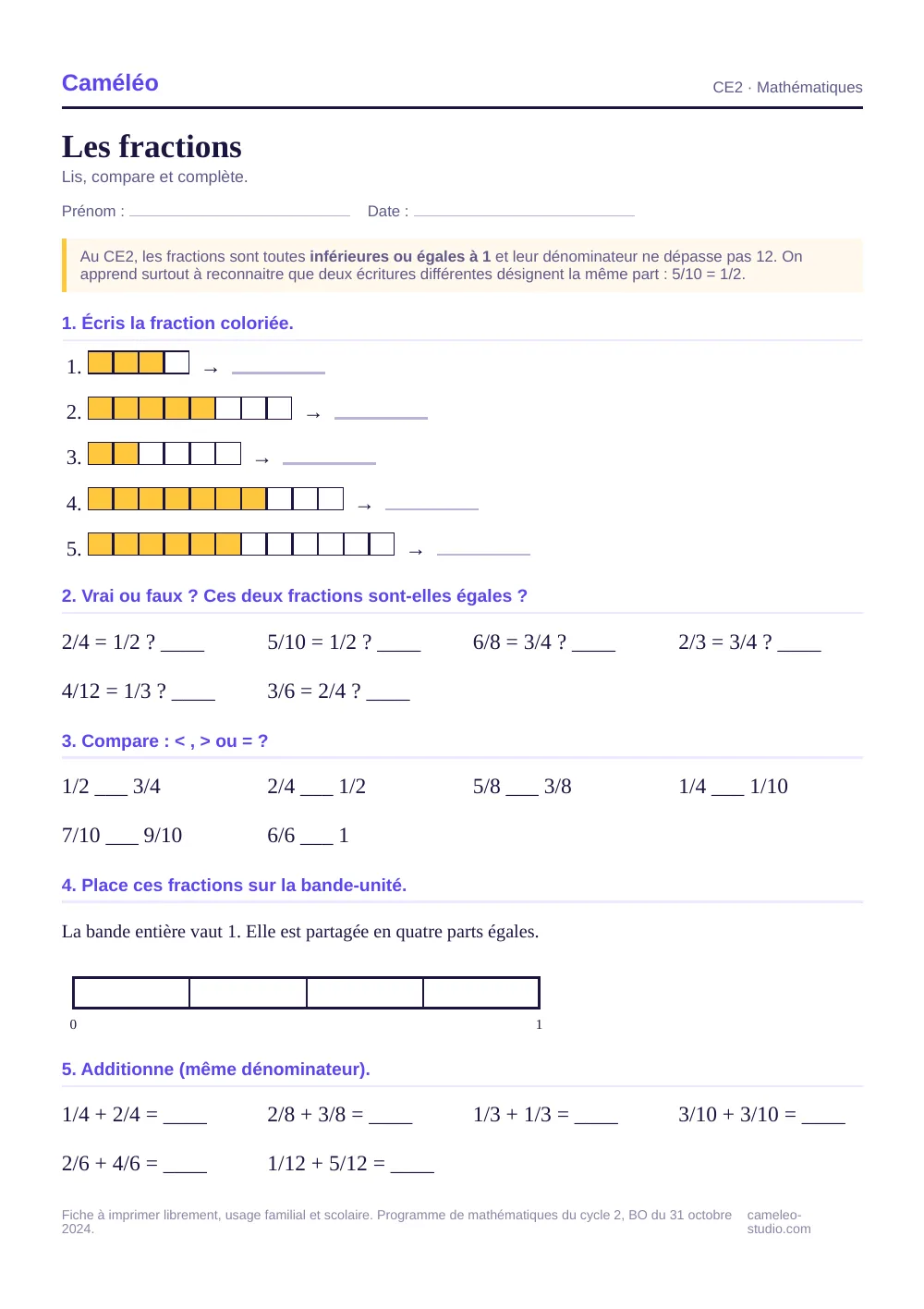 Exercices à imprimer : Les fractions au CE2