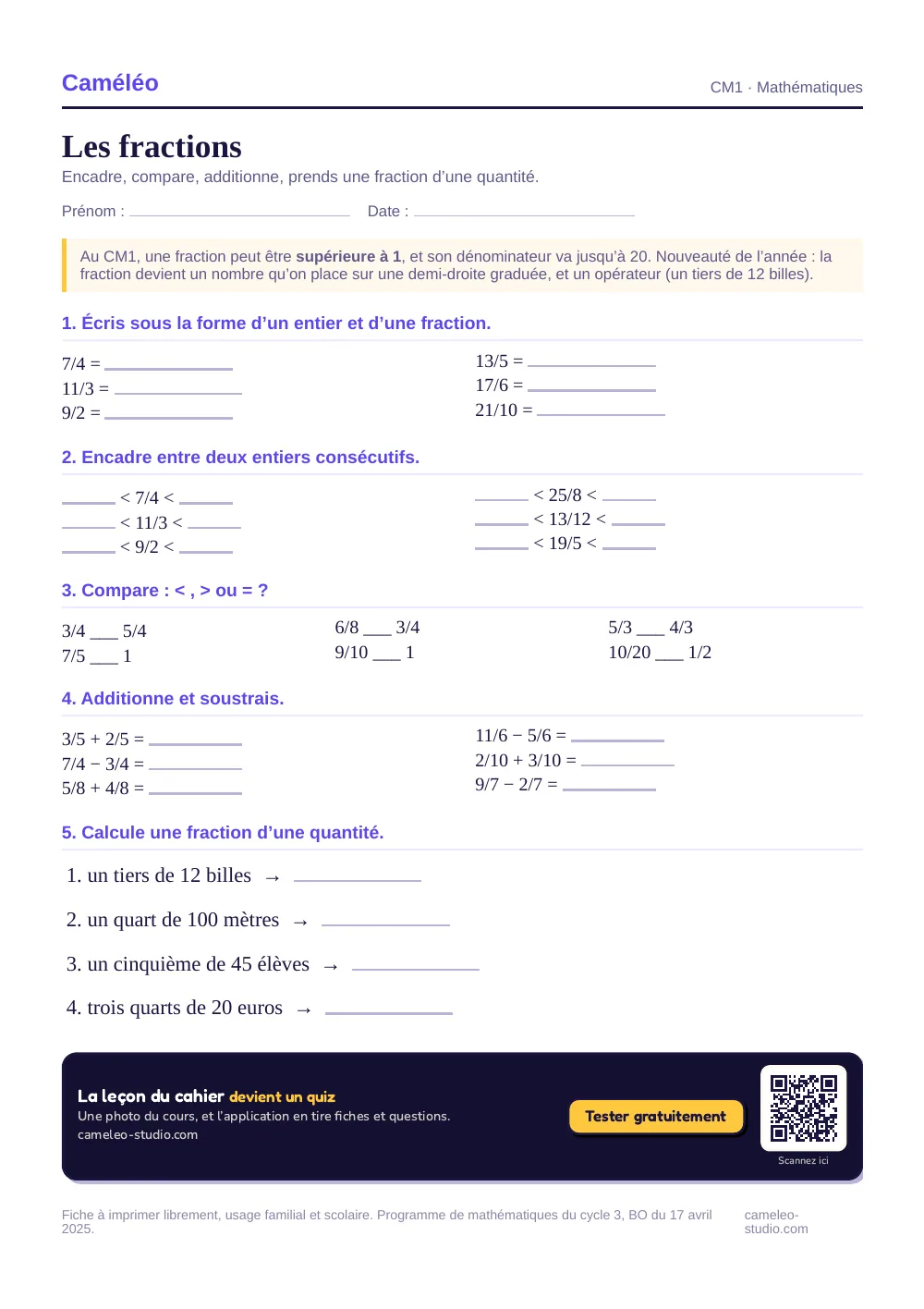 Exercices à imprimer : Les fractions au CM1