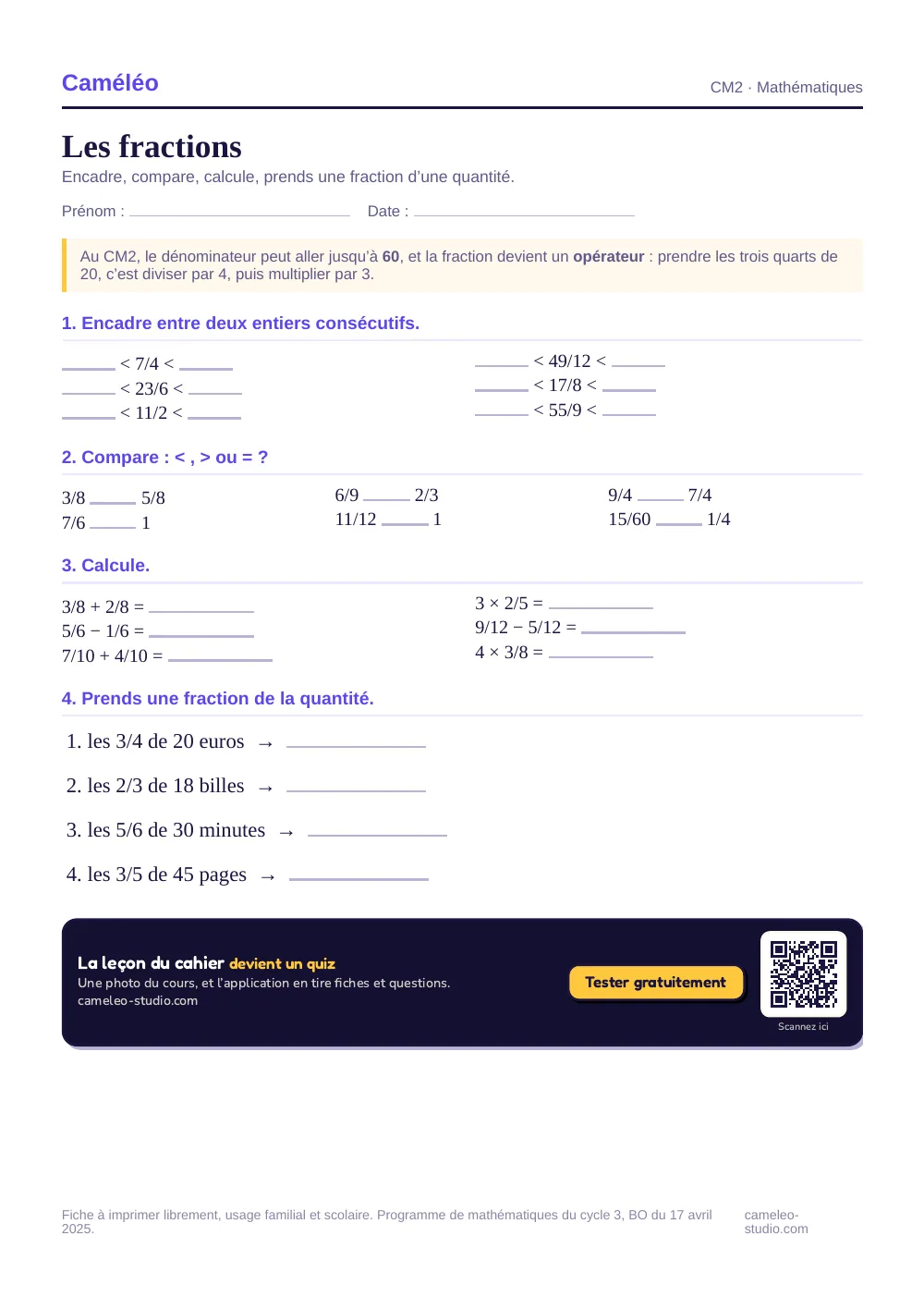 Exercices à imprimer : Les fractions au CM2