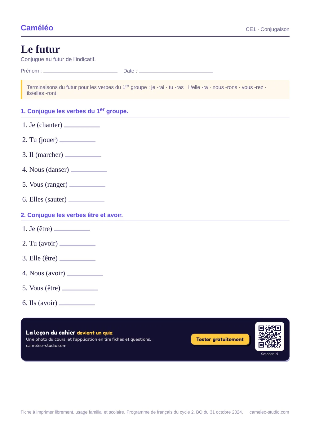 Exercices à imprimer : Le futur au CE1