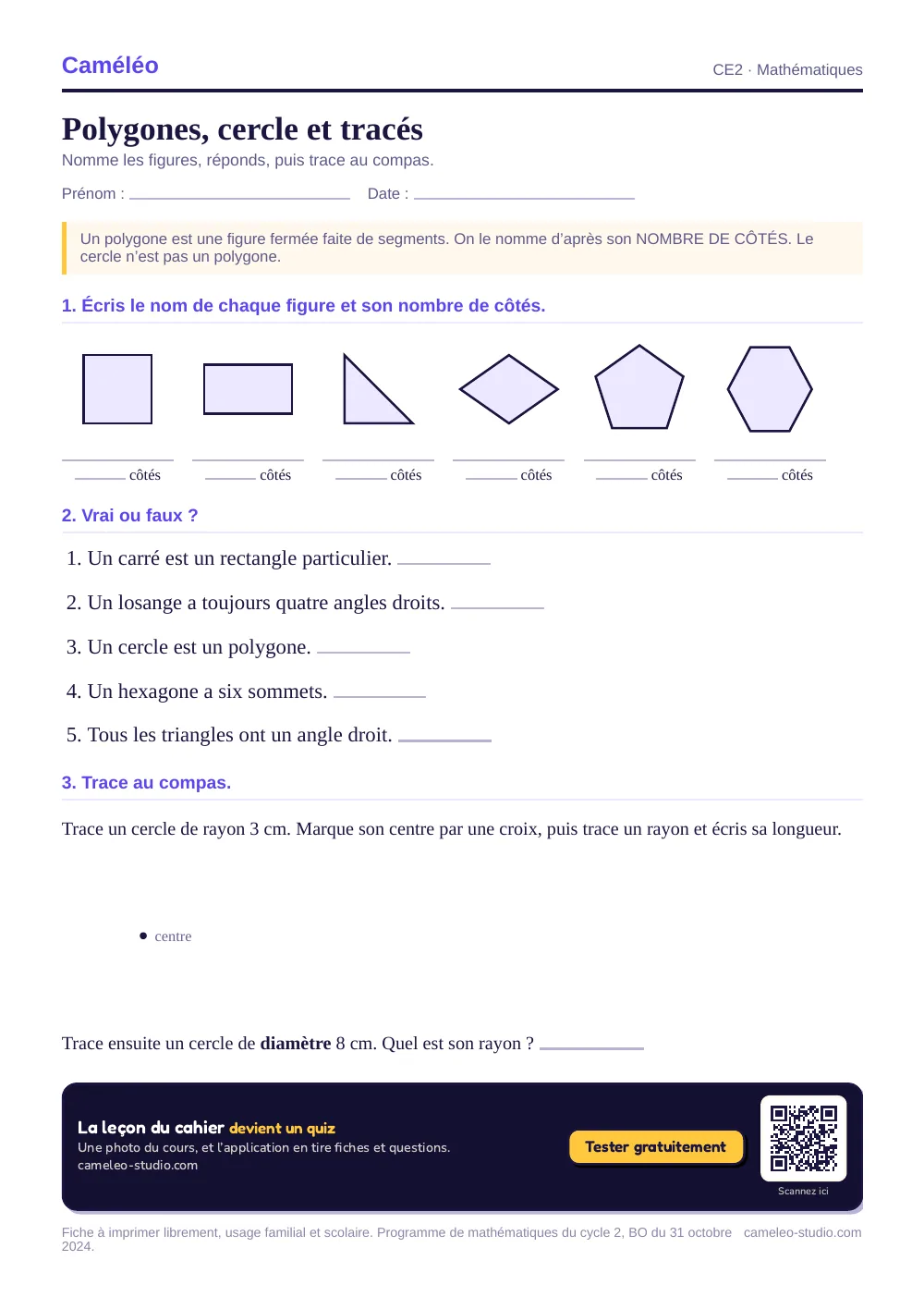 Exercices à imprimer : Polygones, cercle et tracés, CE2
