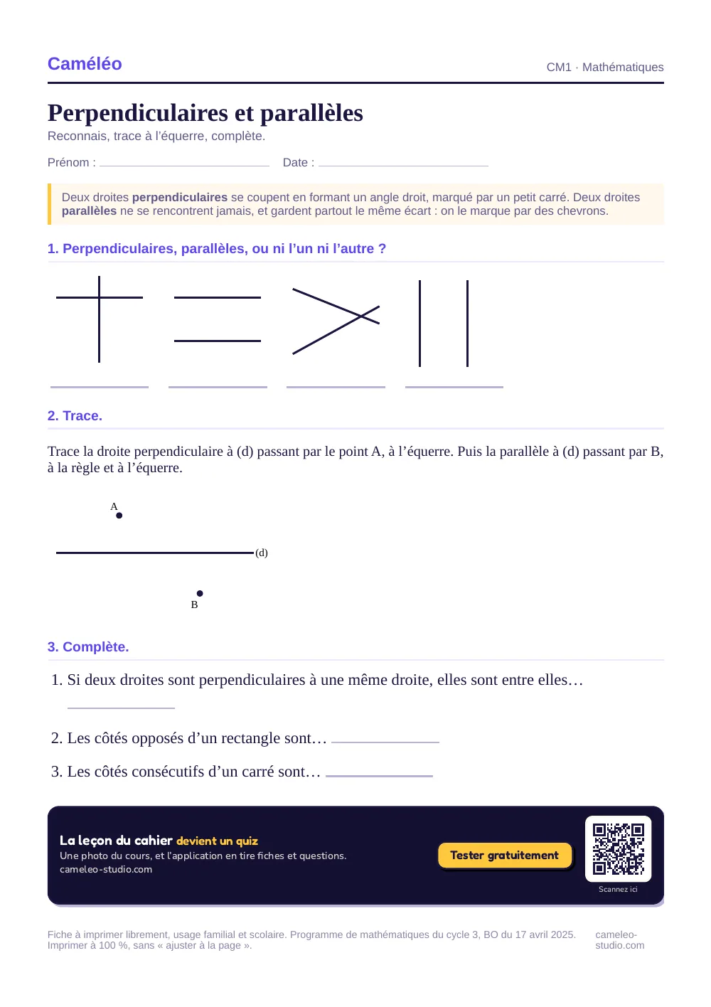 Exercices à imprimer : Perpendiculaires et parallèles, CM1