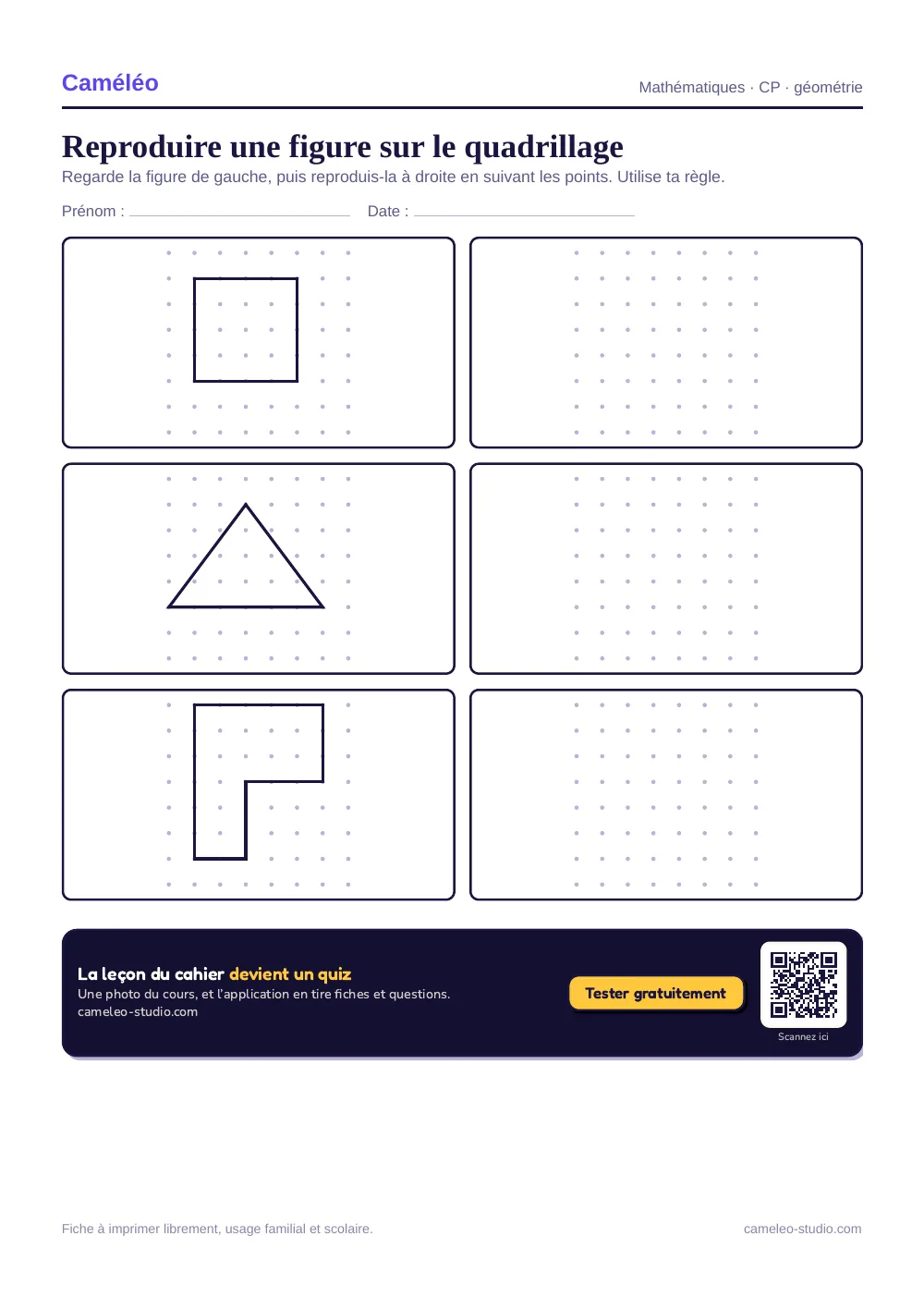 Exercices à imprimer : Reproduire une figure sur le quadrillage, CP