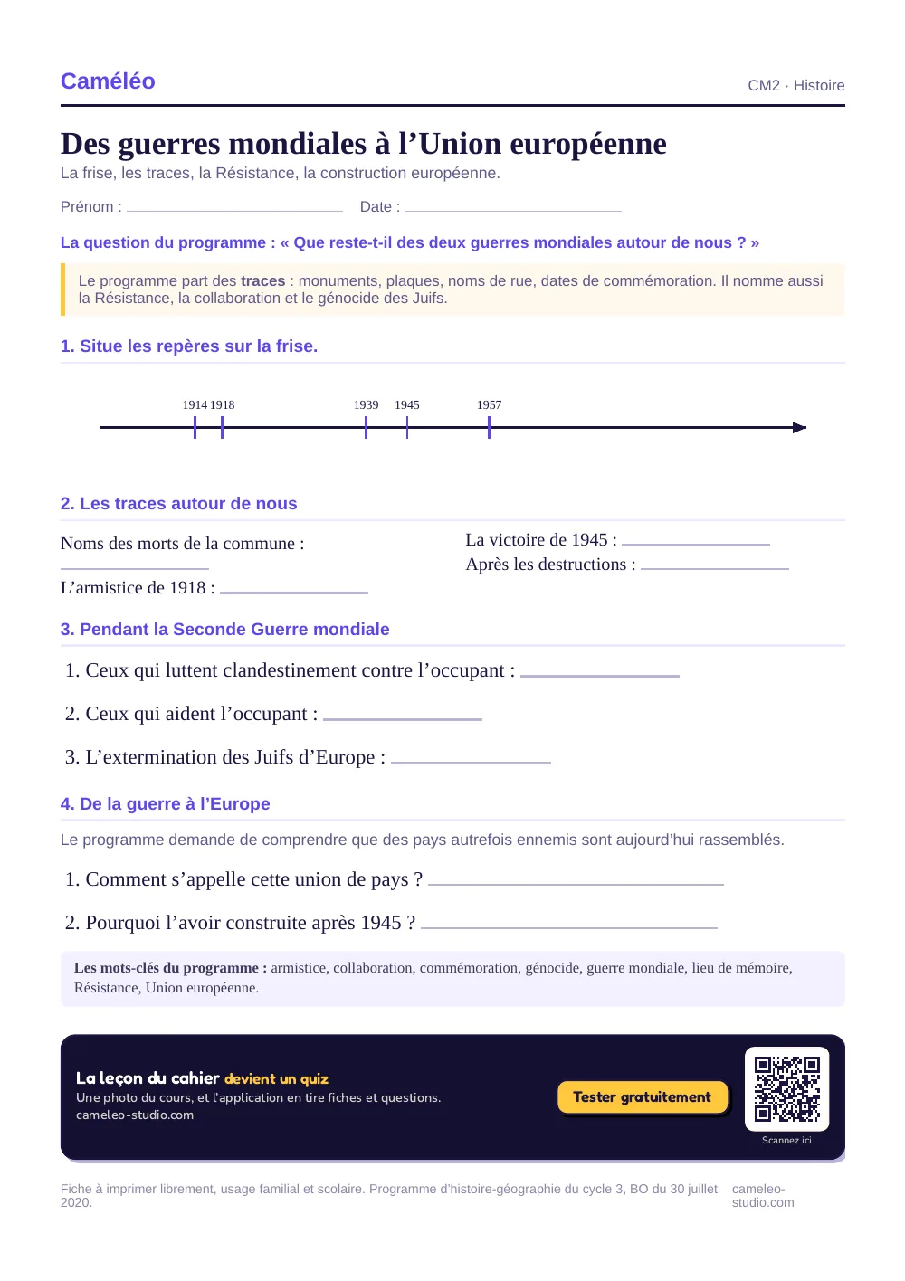 Exercices à imprimer : Des guerres mondiales à l’Union européenne, CM2