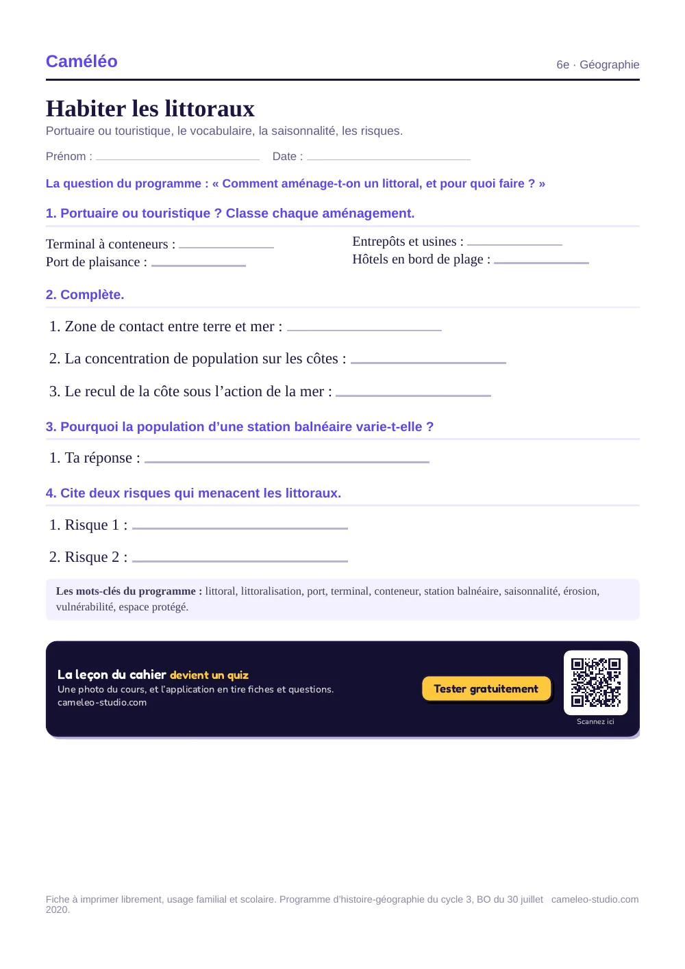 Exercices à imprimer : Habiter les littoraux, 6e