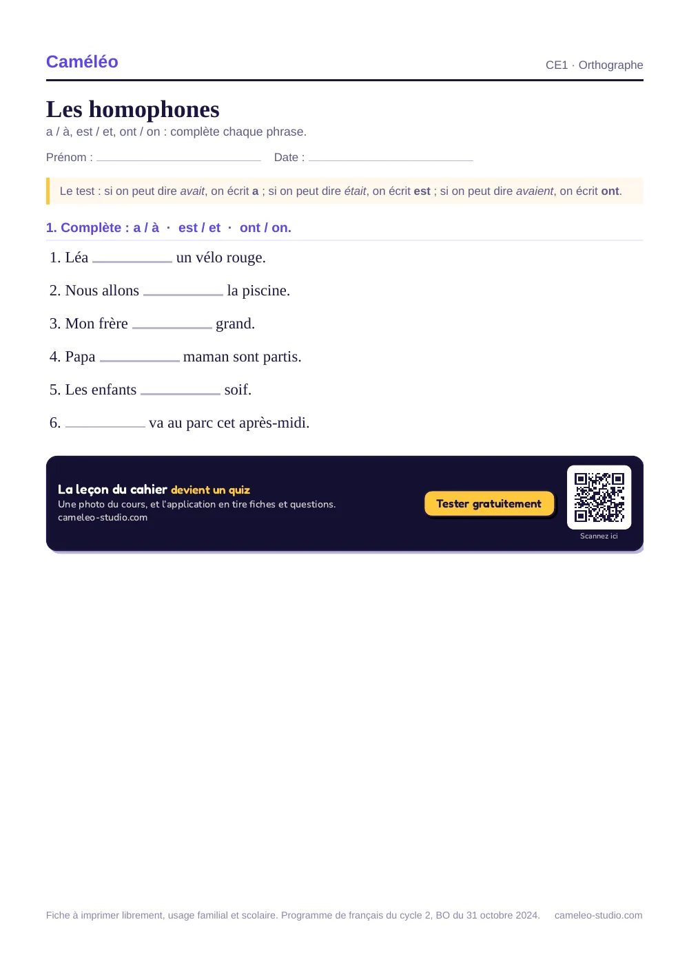 Exercices à imprimer : Les homophones au CE1