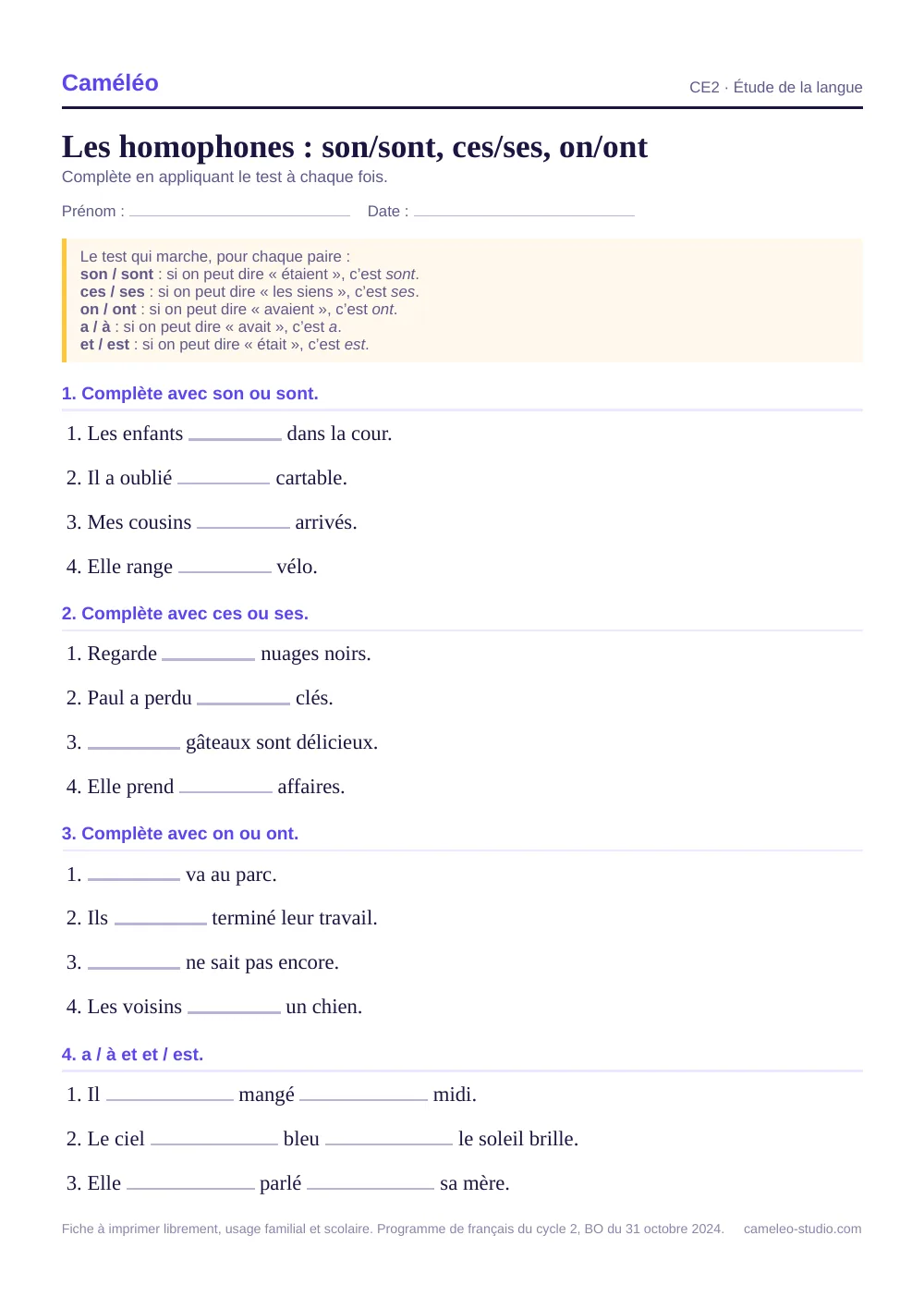 Exercices à imprimer : Les homophones du CE2