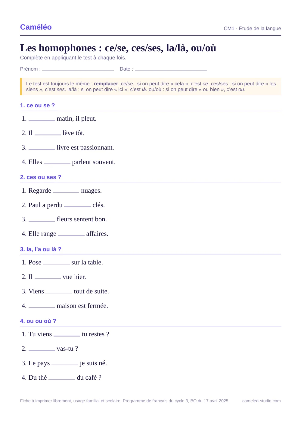 Exercices à imprimer : Les homophones du CM1