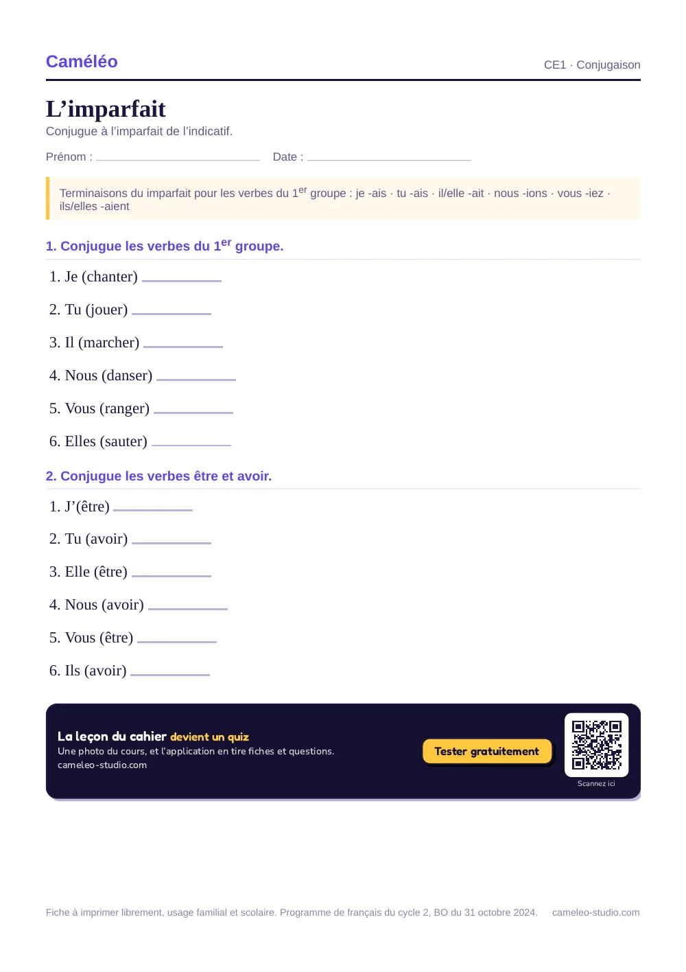 Exercices à imprimer : L’imparfait au CE1