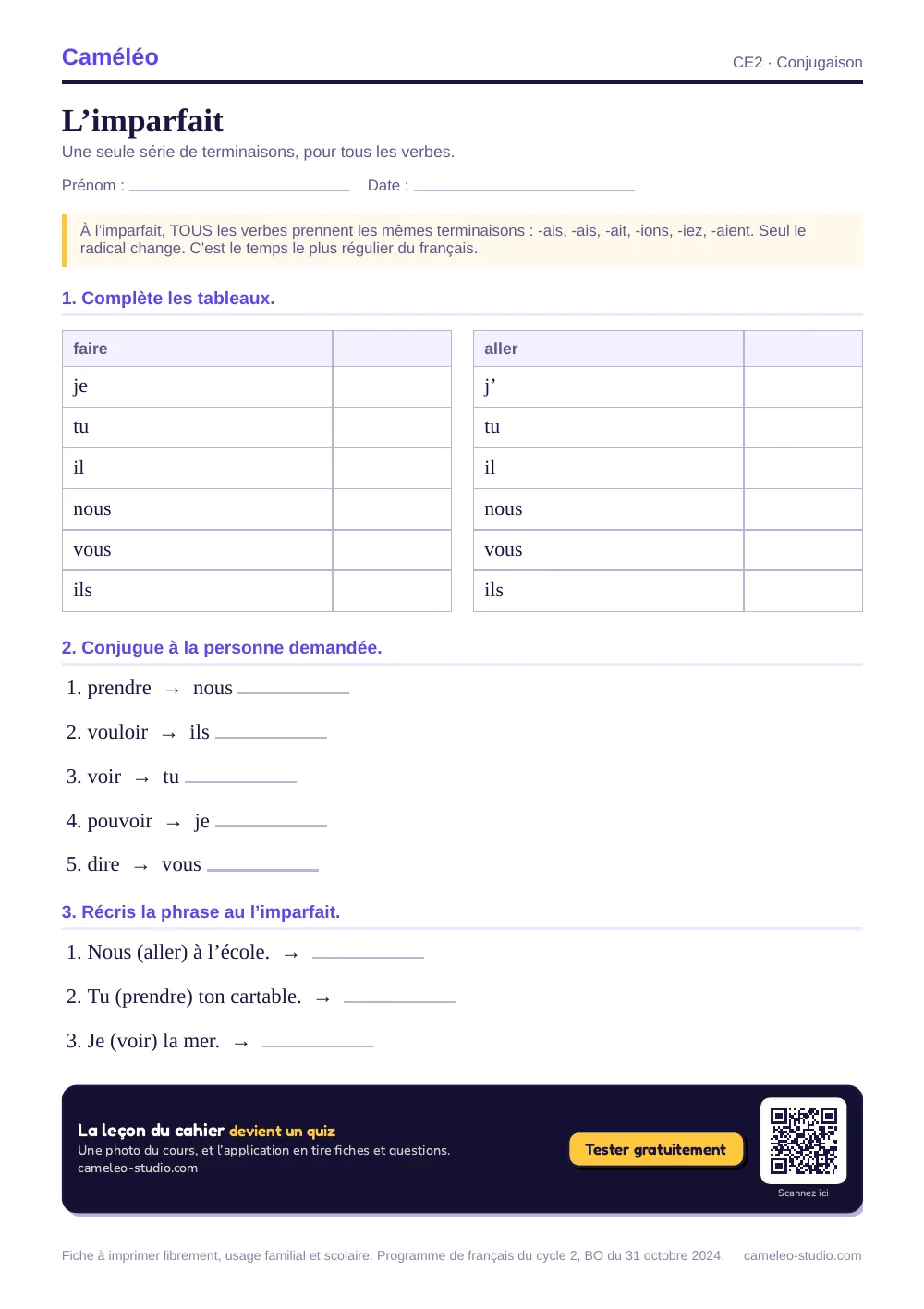 Exercices à imprimer : L’imparfait, CE2
