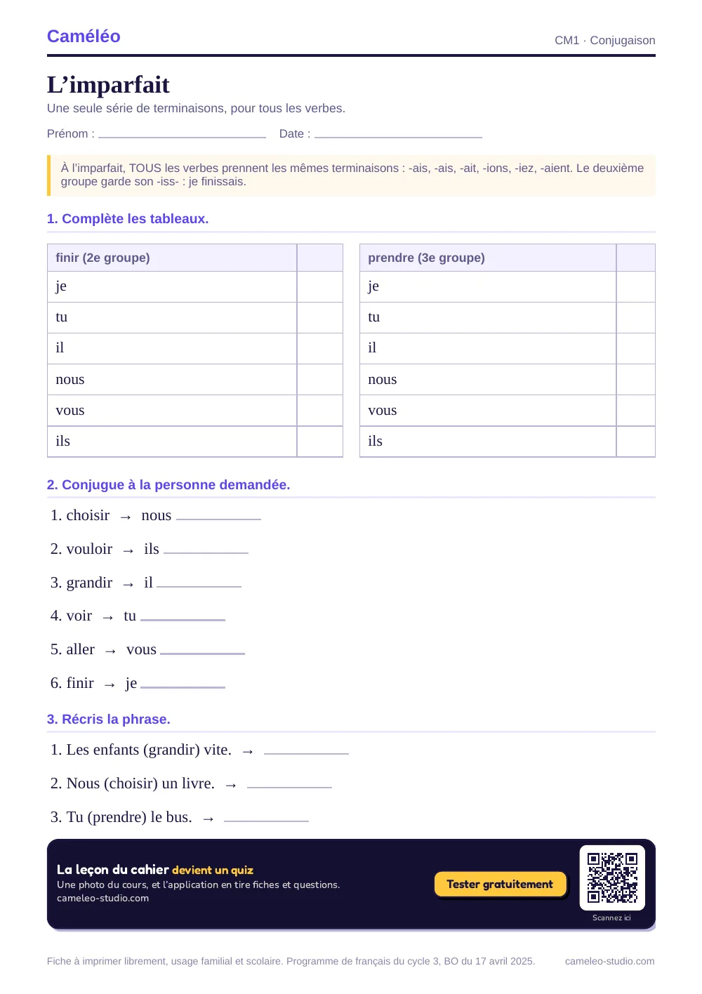 Exercices à imprimer : L’imparfait, CM1