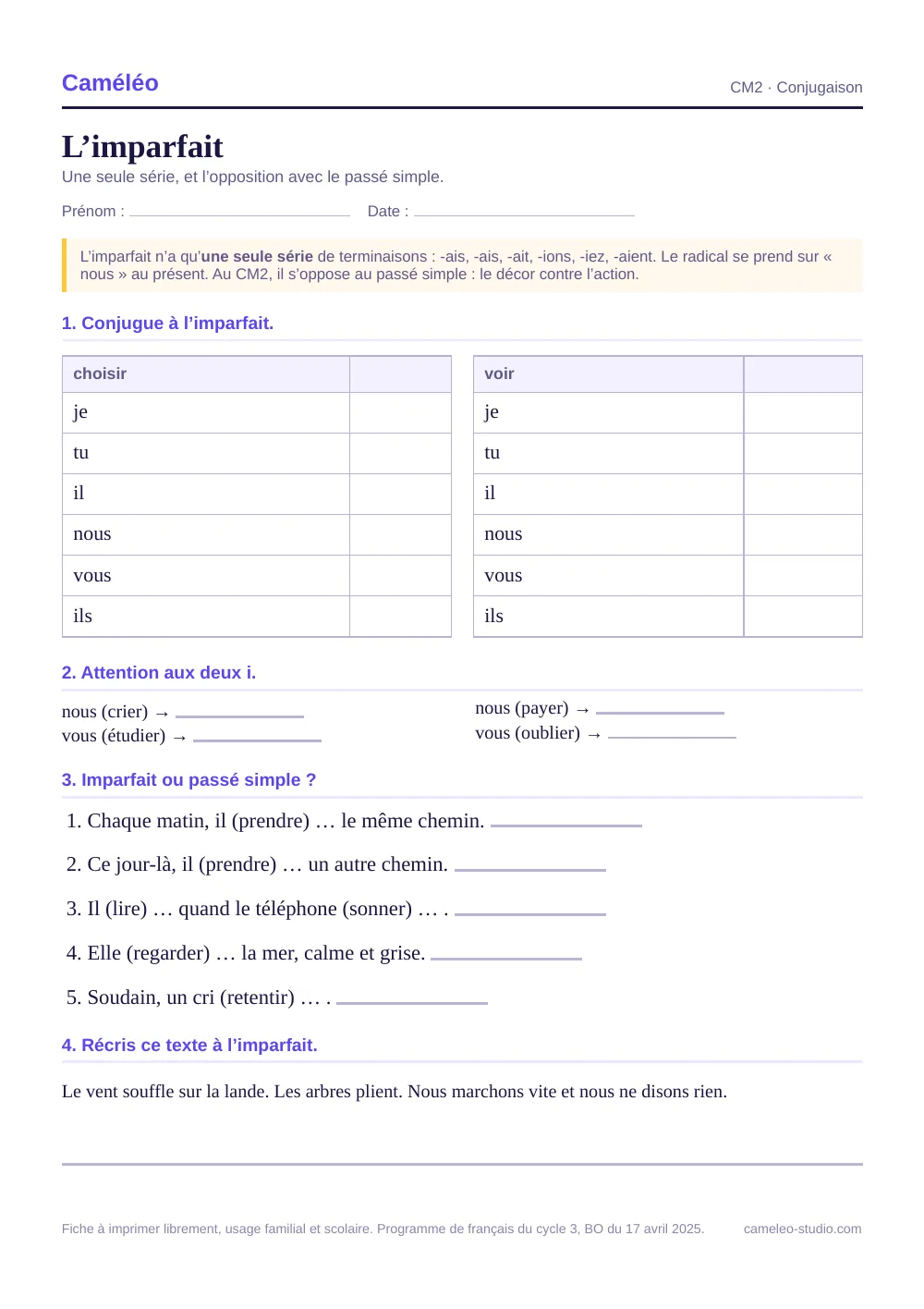 Exercices à imprimer : L’imparfait au CM2