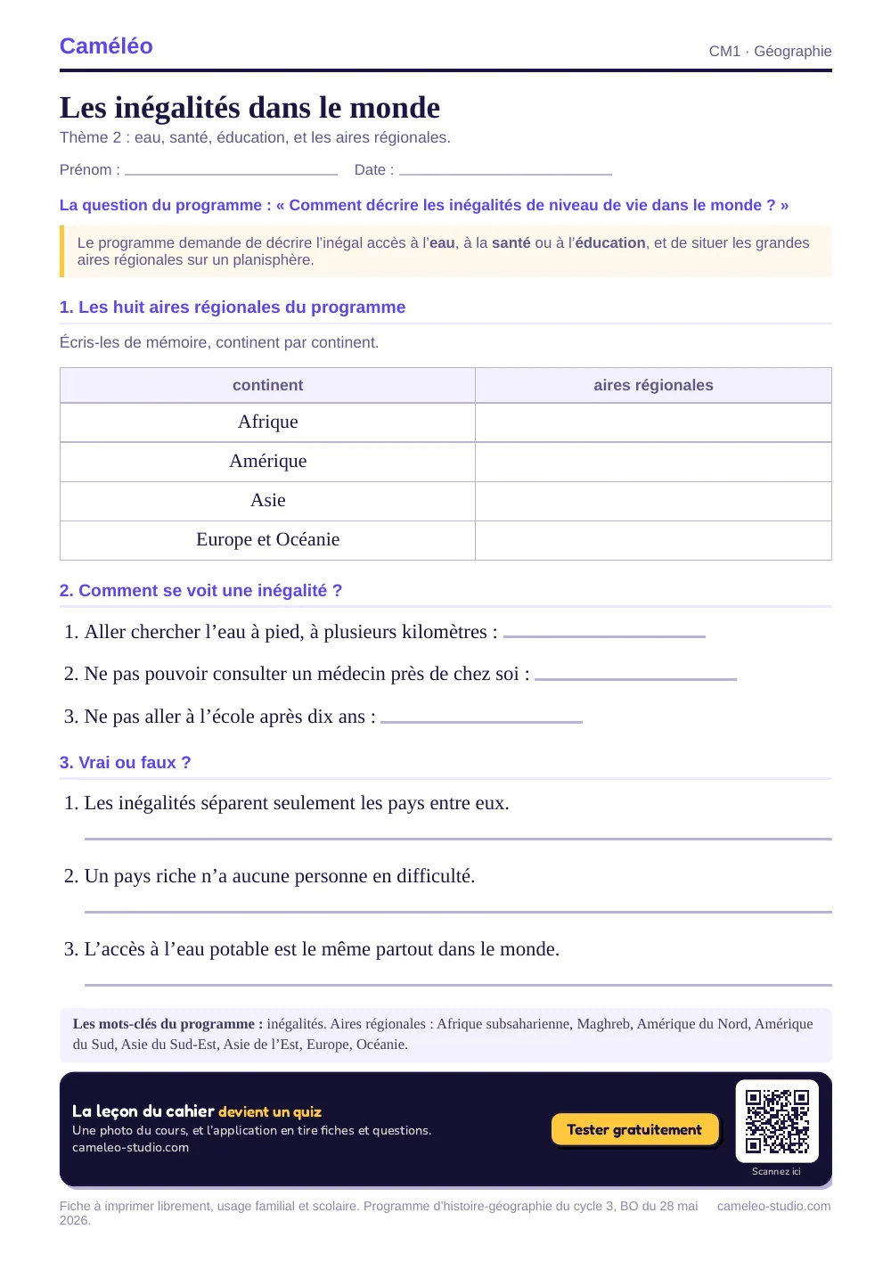 Exercices à imprimer : Les inégalités dans le monde, CM1