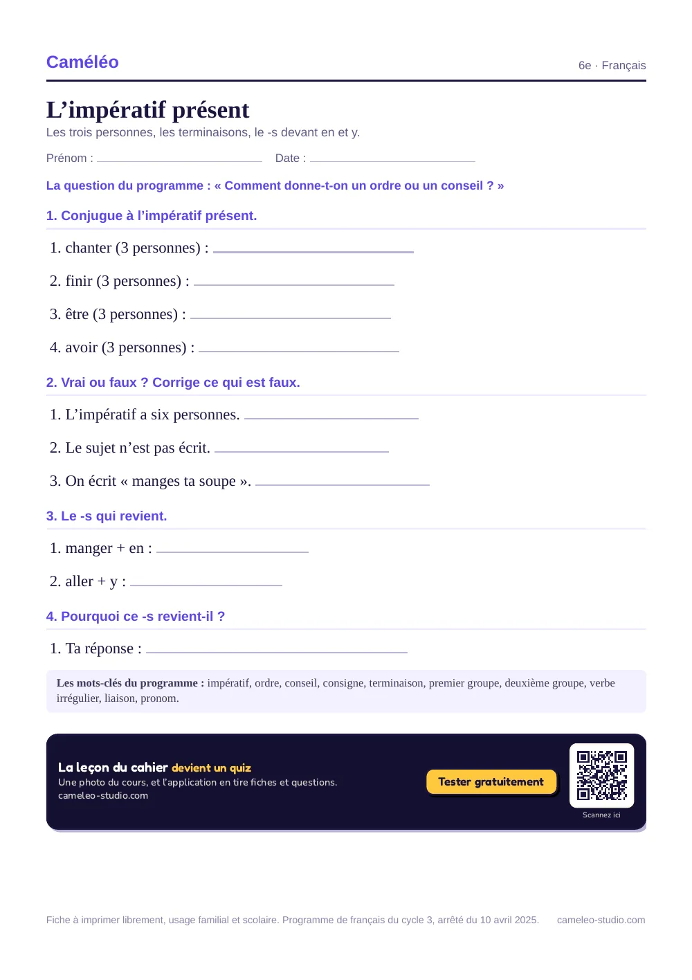 Exercices à imprimer : L’impératif présent, 6e