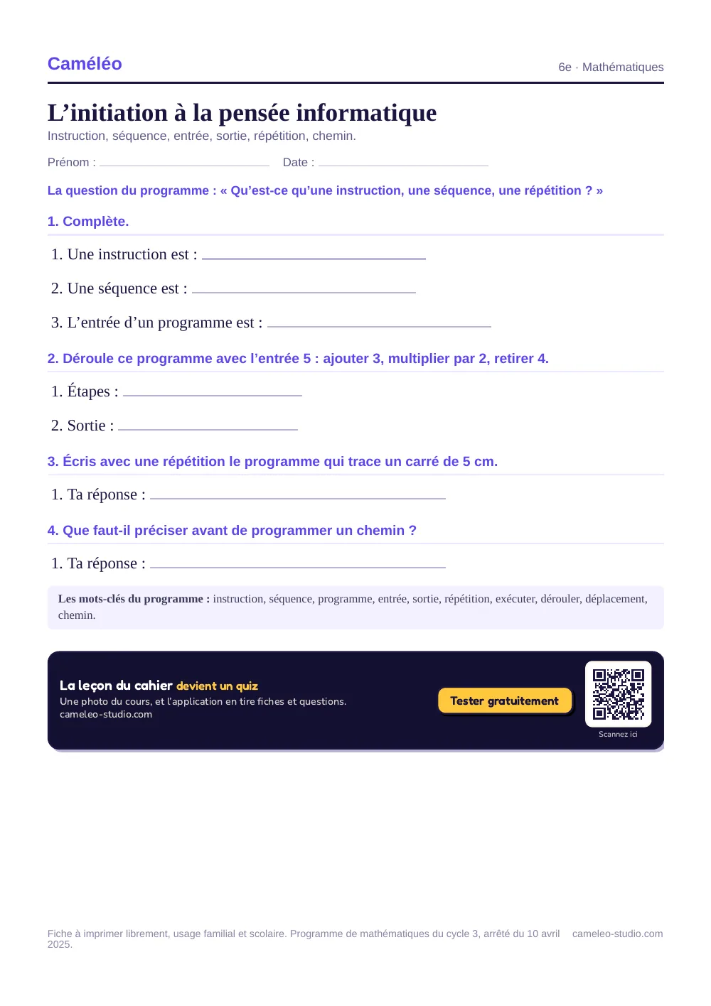 Exercices à imprimer : L’initiation à la pensée informatique, 6e