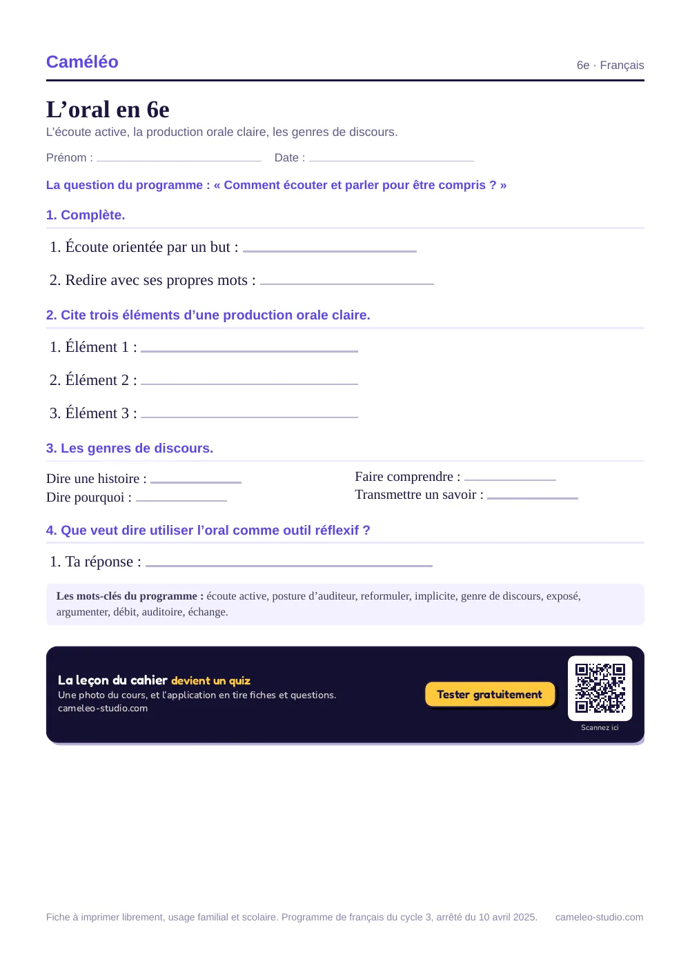 Exercices à imprimer : L’oral en 6e