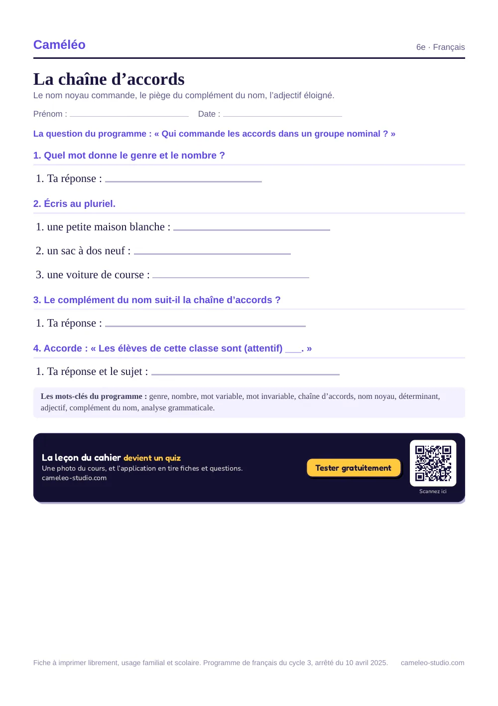 Exercices à imprimer : La chaîne d’accords, 6e