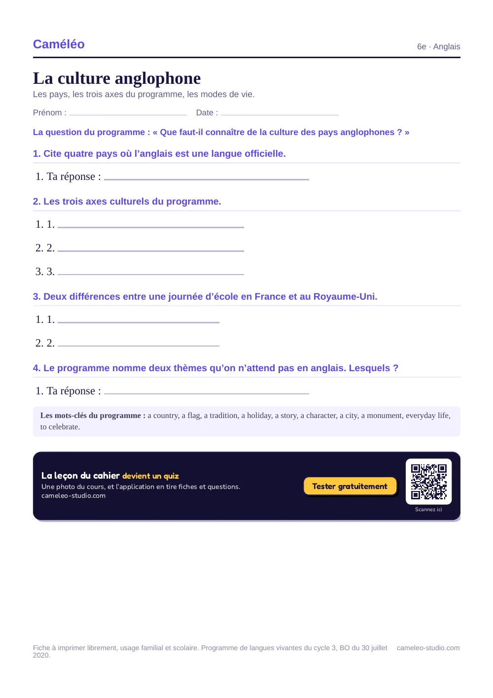 Exercices à imprimer : La culture anglophone, 6e