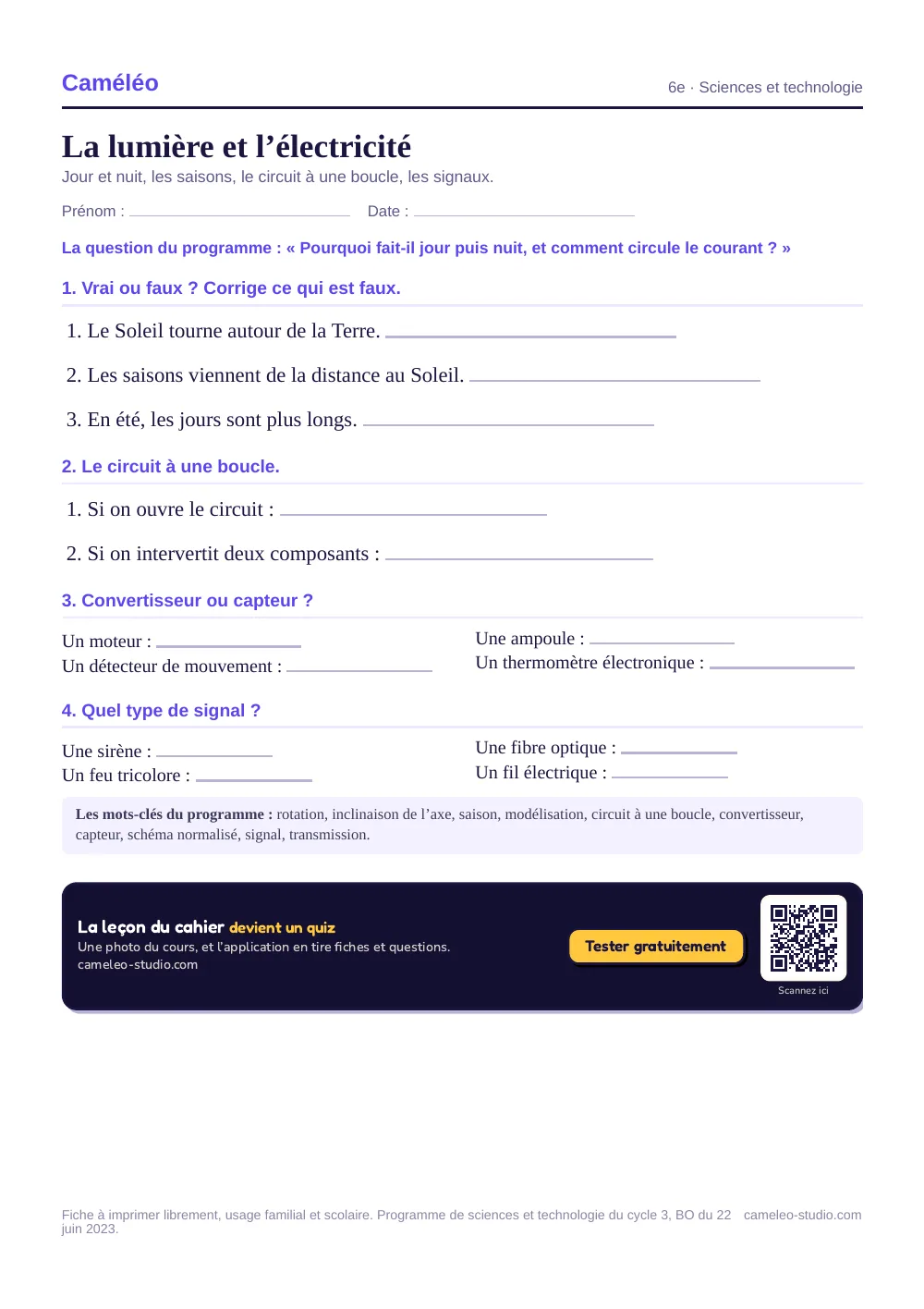 Exercices à imprimer : La lumière et l’électricité, 6e