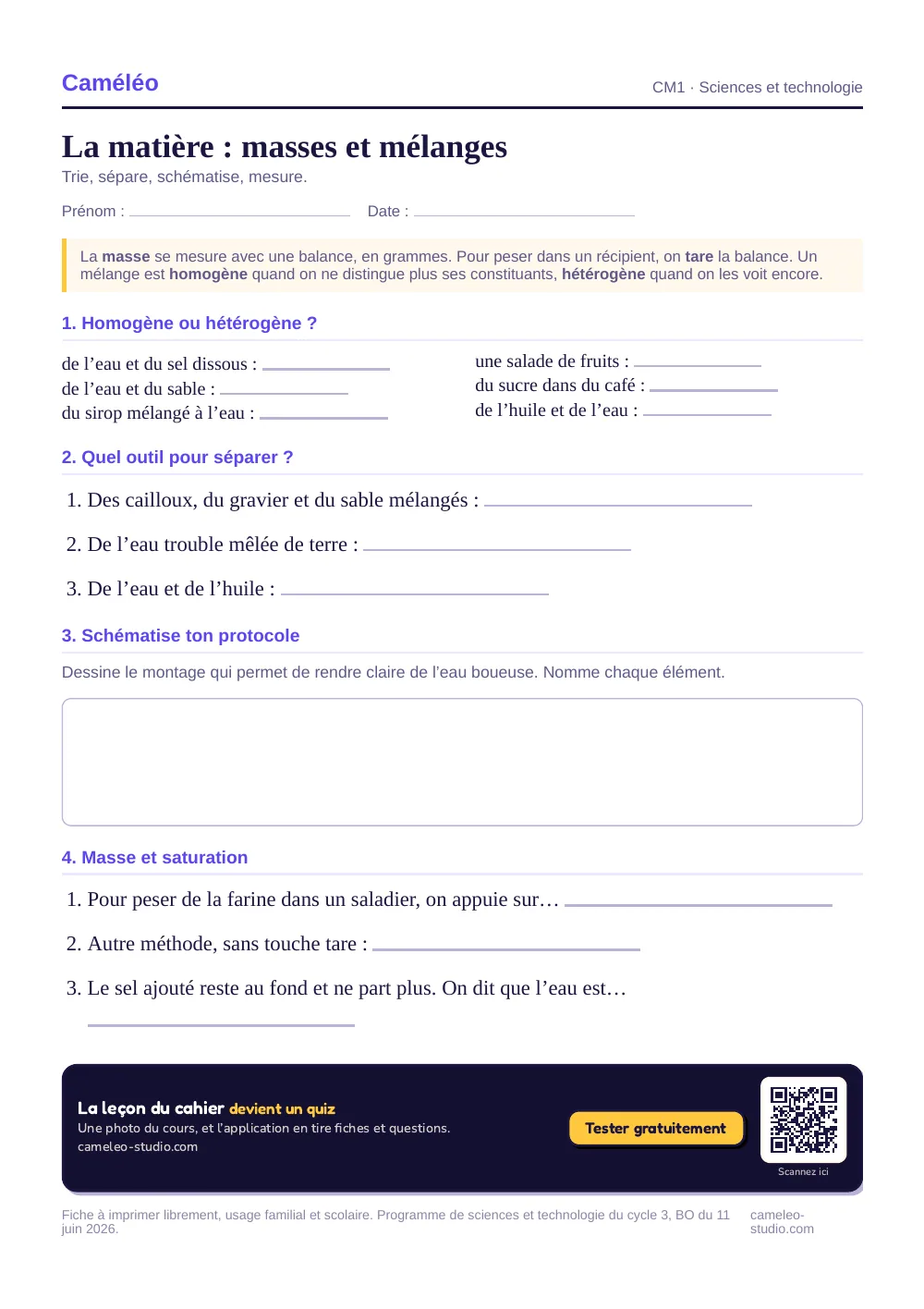 Exercices à imprimer : La matière : masses et mélanges, CM1