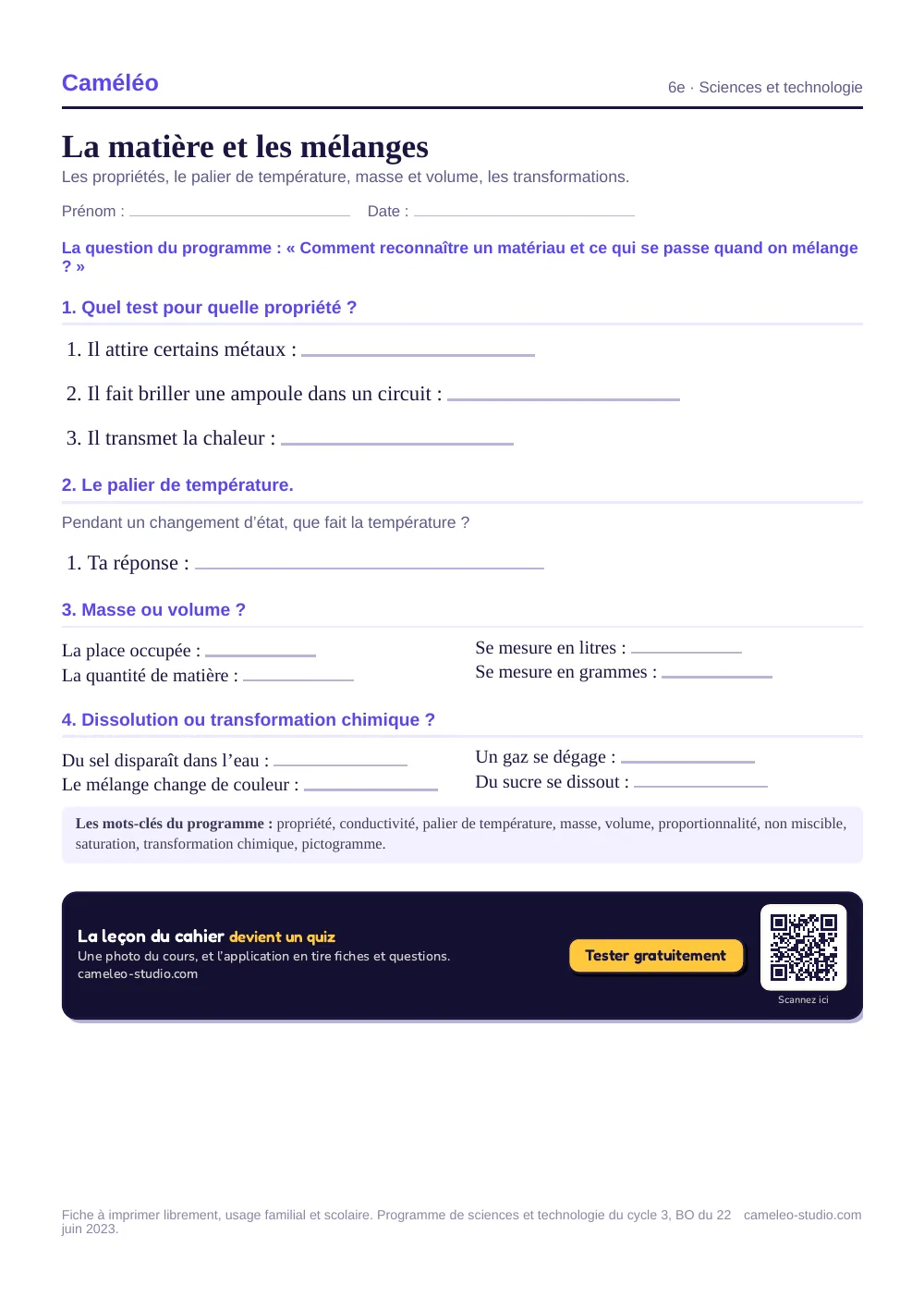 Exercices à imprimer : La matière et les mélanges, 6e