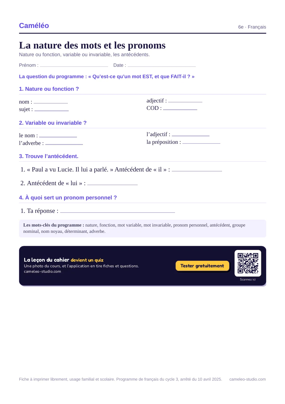 Exercices à imprimer : La nature des mots et les pronoms, 6e
