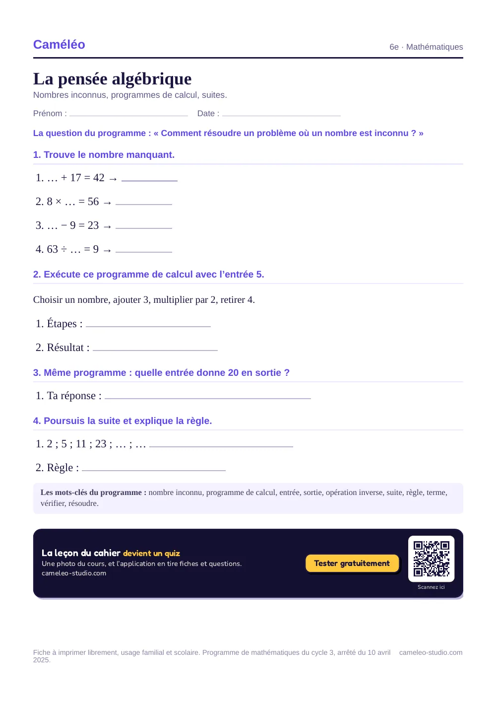 Exercices à imprimer : La pensée algébrique, 6e