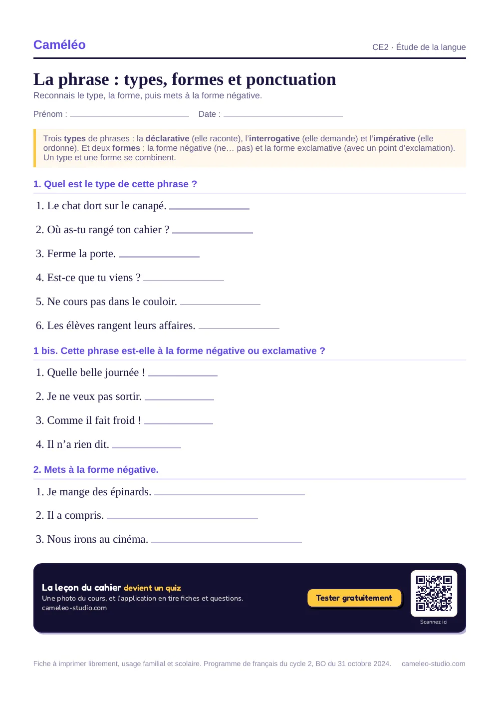 Exercices à imprimer : La phrase : types, formes et ponctuation, CE2