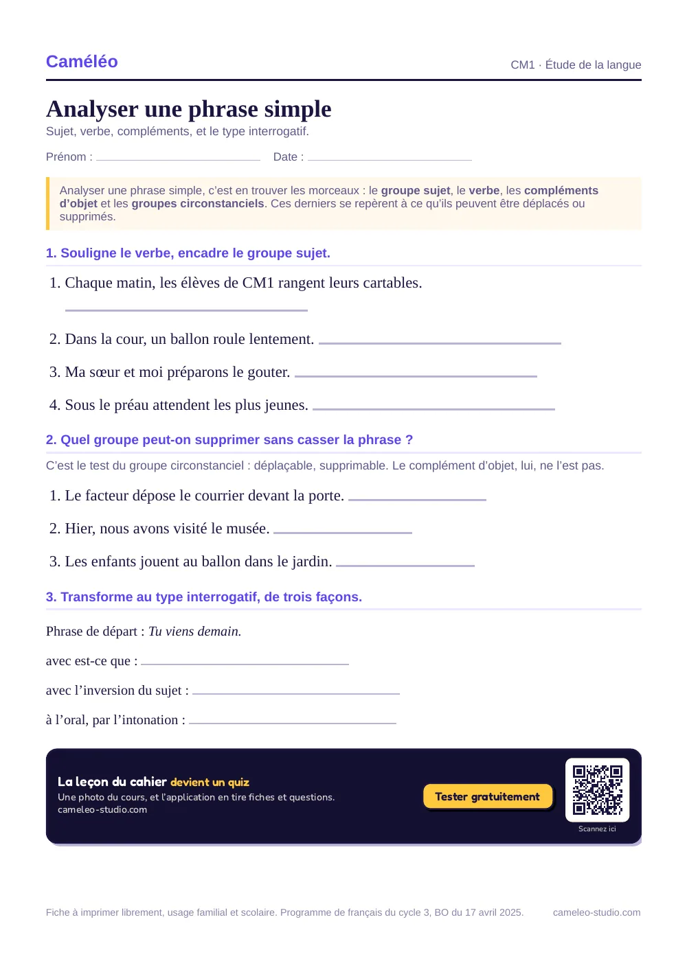Exercices à imprimer : Analyser une phrase simple, CM1