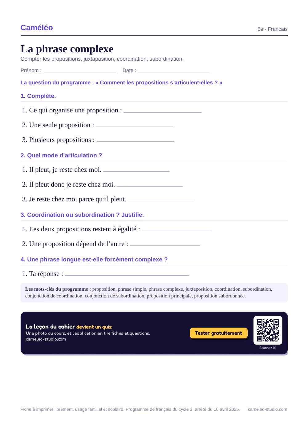 Exercices à imprimer : La phrase complexe, 6e