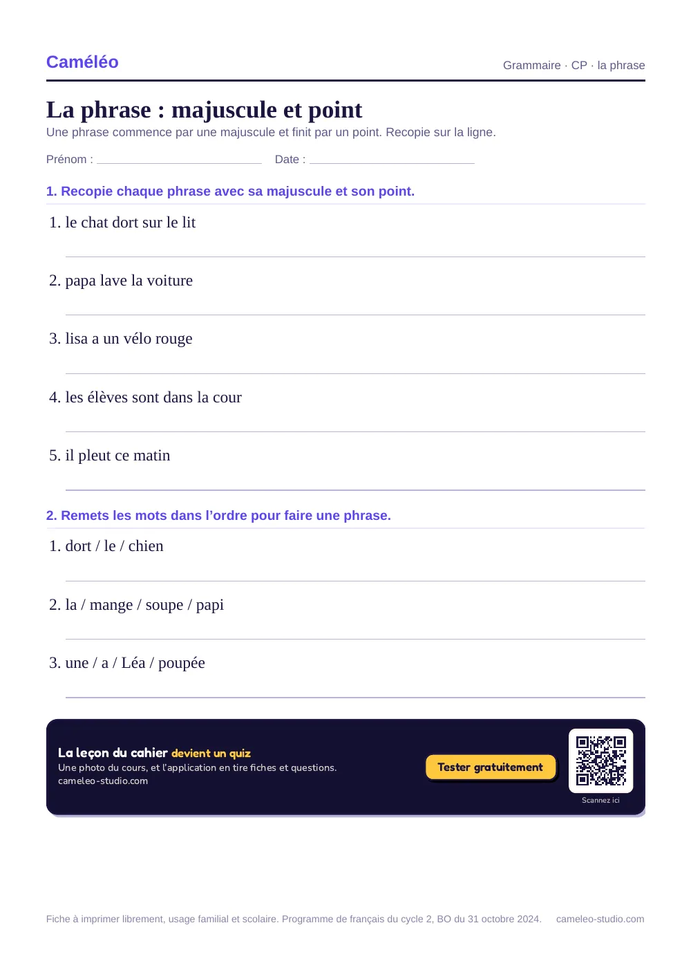 Exercices à imprimer : La phrase : majuscule et point, CP