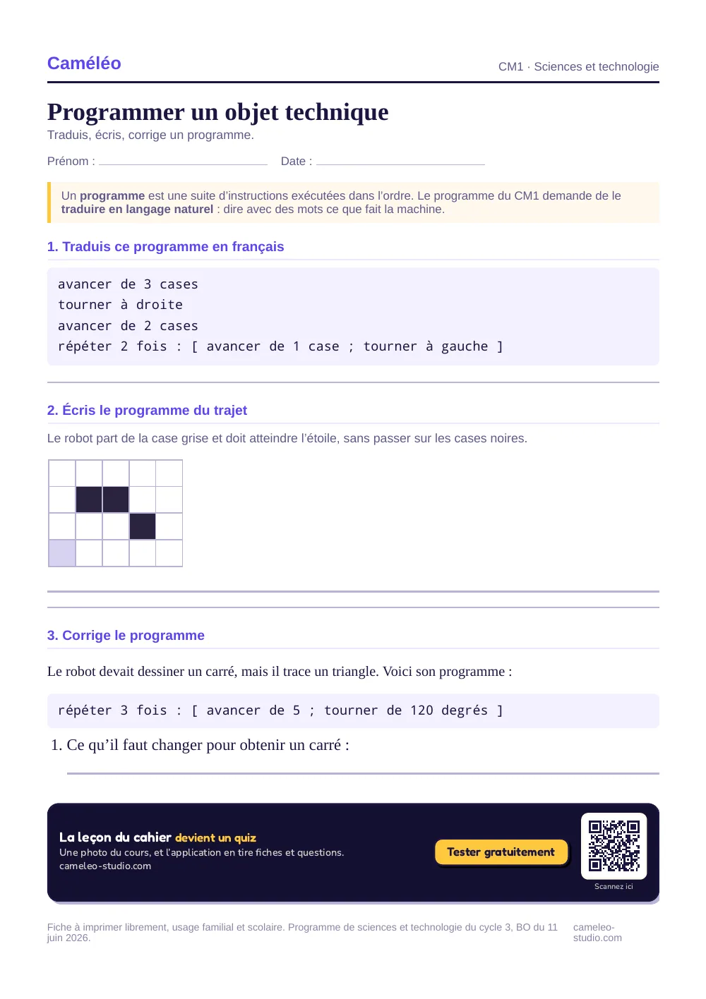 Exercices à imprimer : Programmer un objet technique, CM1